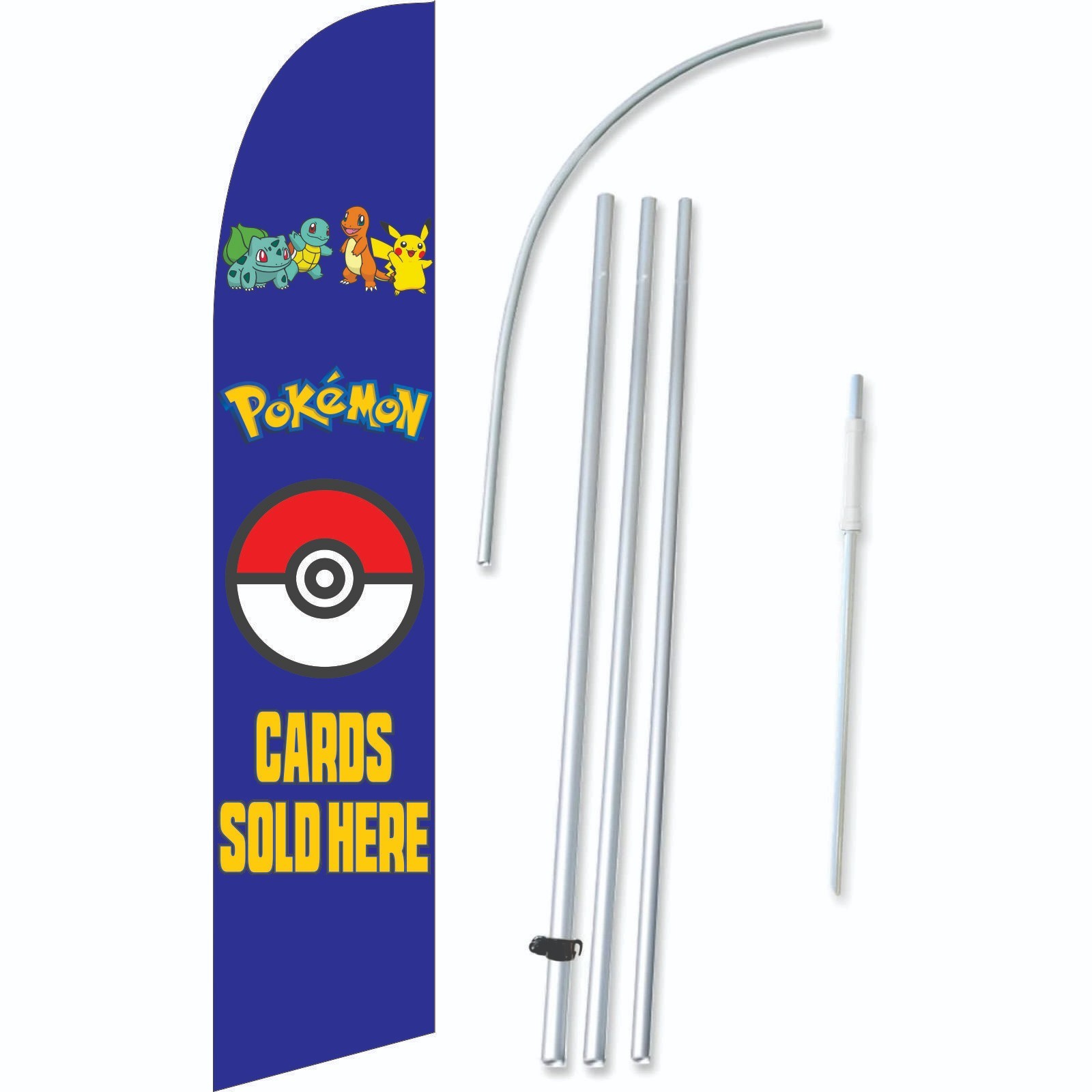Pokemon Cards Sold Here Blue 11.5 ft Single Sided Windless Swooper Flag Set