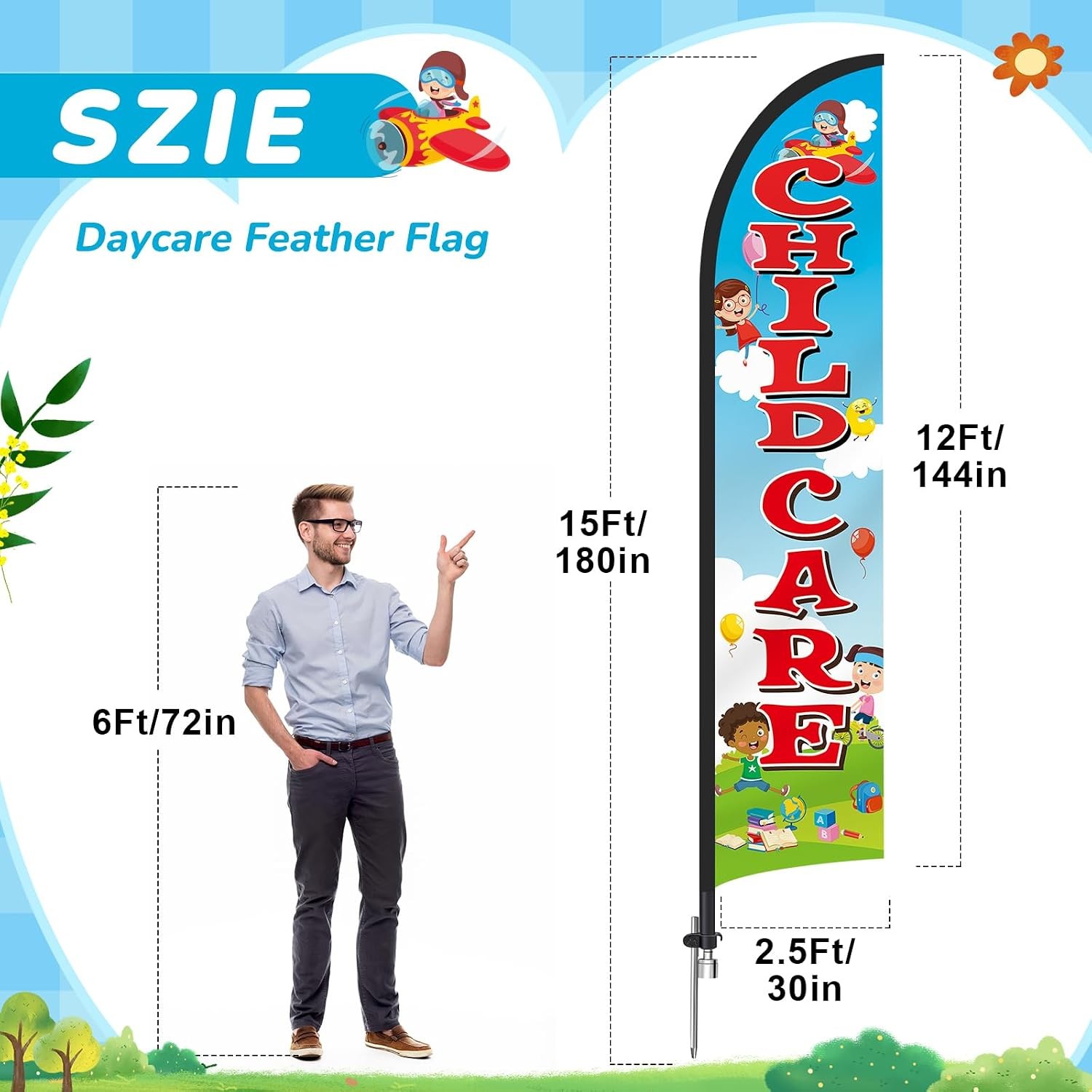 2 Pack 15ft x 2.5ft Now Enrolling Childcare Feather Flag Set Swooper Flag