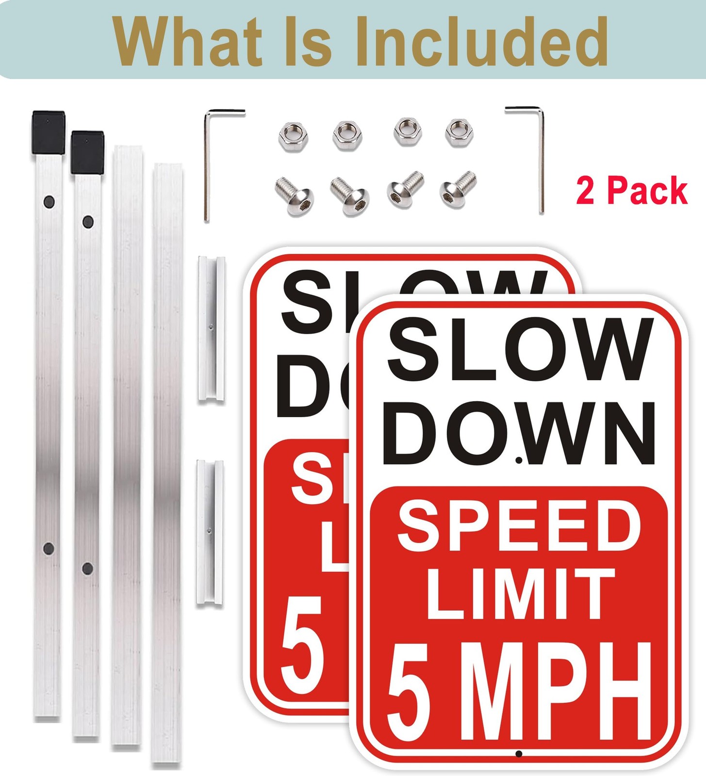 2 PCS 14×10 Inch Speed Limit 5 MPH Slow Down Sign With 36 Inch Stakes Alum