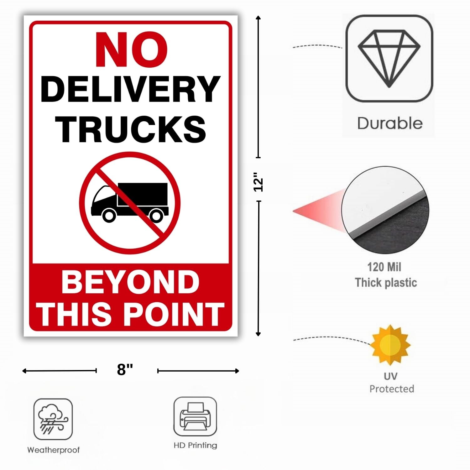 No Delivery Trucks Beyond This Point Sign, 12 x 8 Inches, 120 Mil Plastic, U…