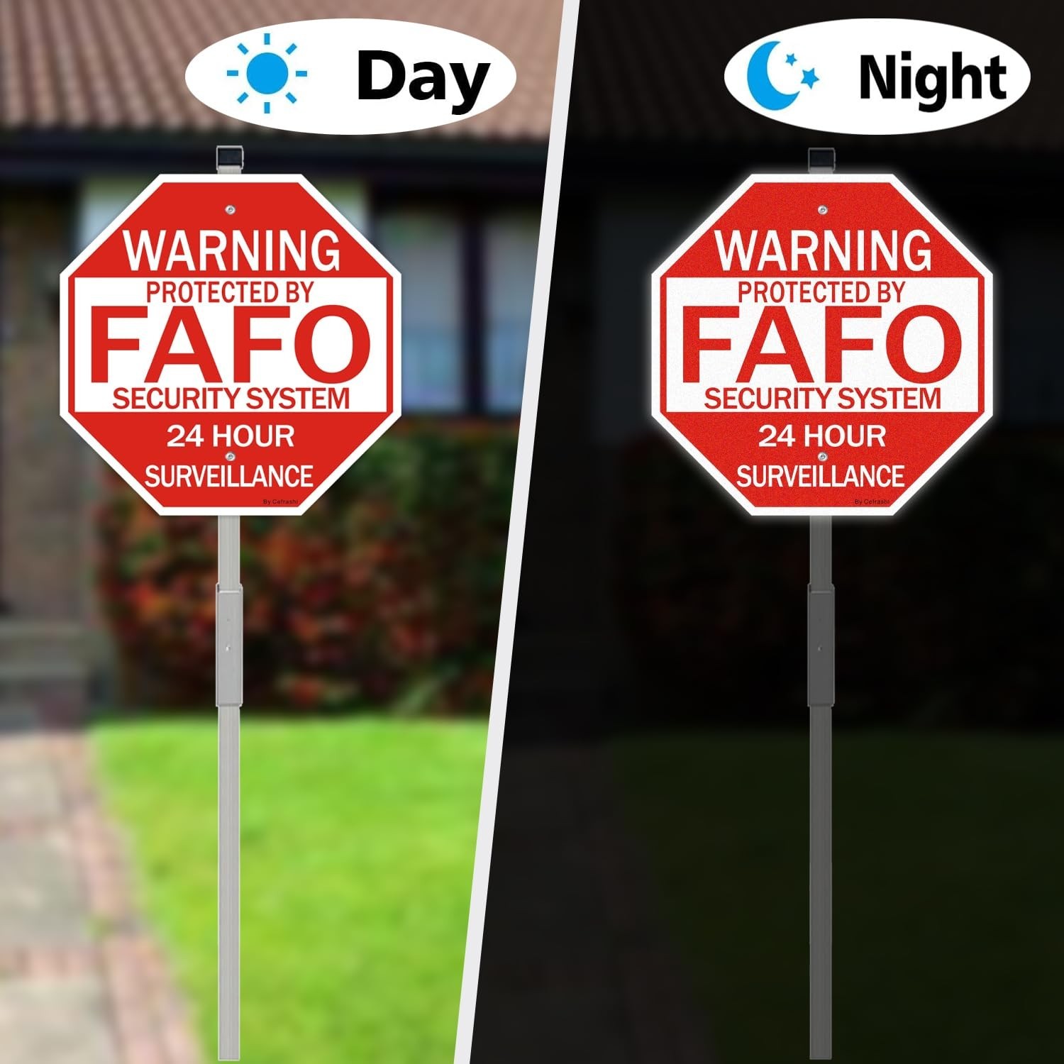 2 Pack Reflective Home Security Signs with 36″ Metal Stakes – Waterproof, UV Pro