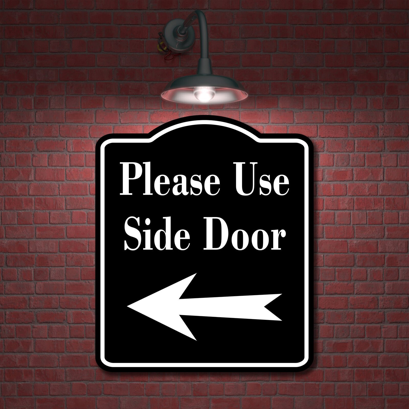 Please Use Side Door Left Arrow BLACK Aluminum Composite Sign