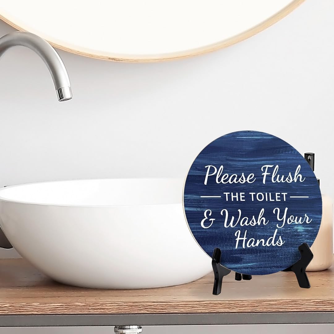 5×5 Inch Round Blue Wood Flush Toilet Wash Hands Bathroom Sign Acrylic Easel