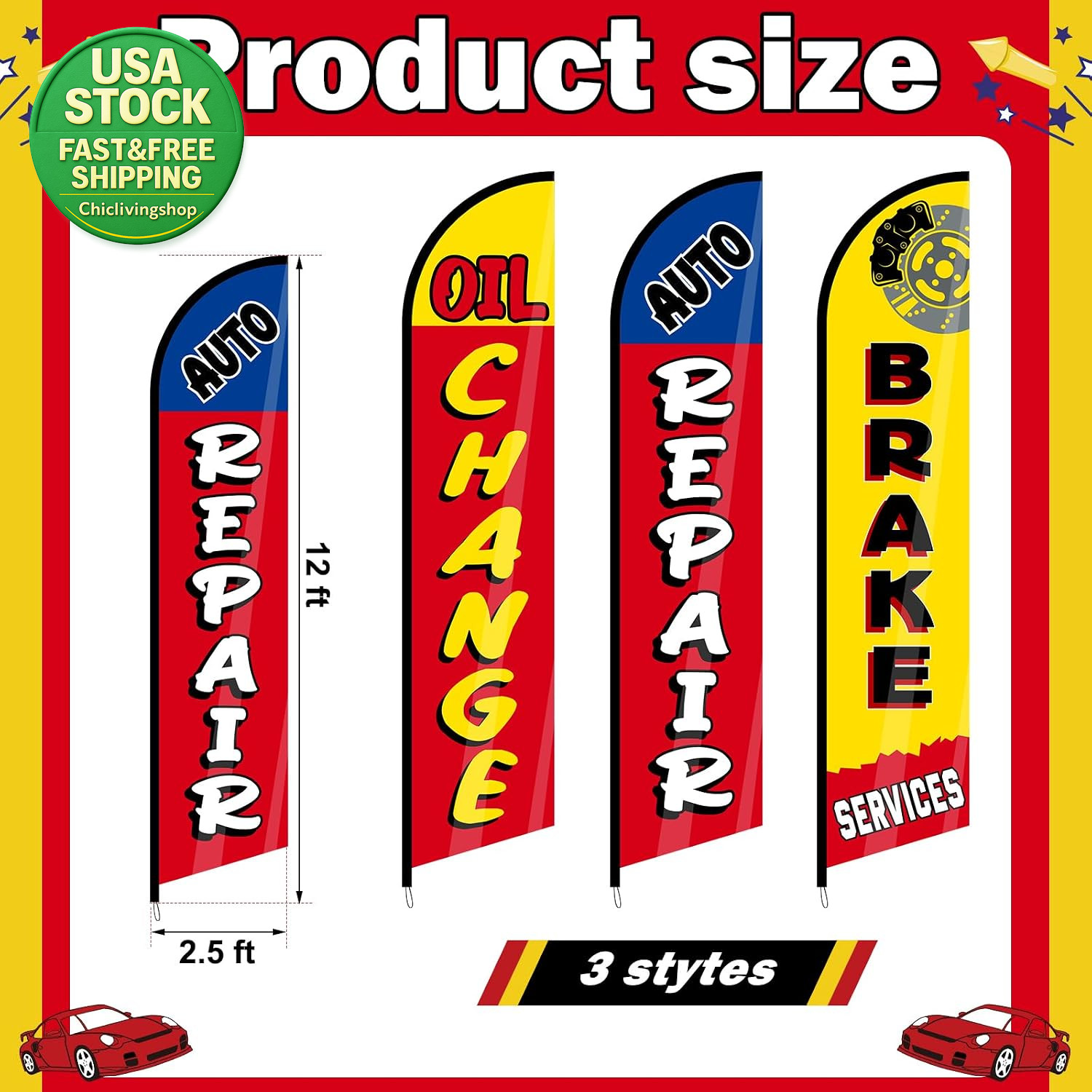 Auto Repair Shop Feather Flags 3 Pack 12X2.5Ft Windless Advertising For