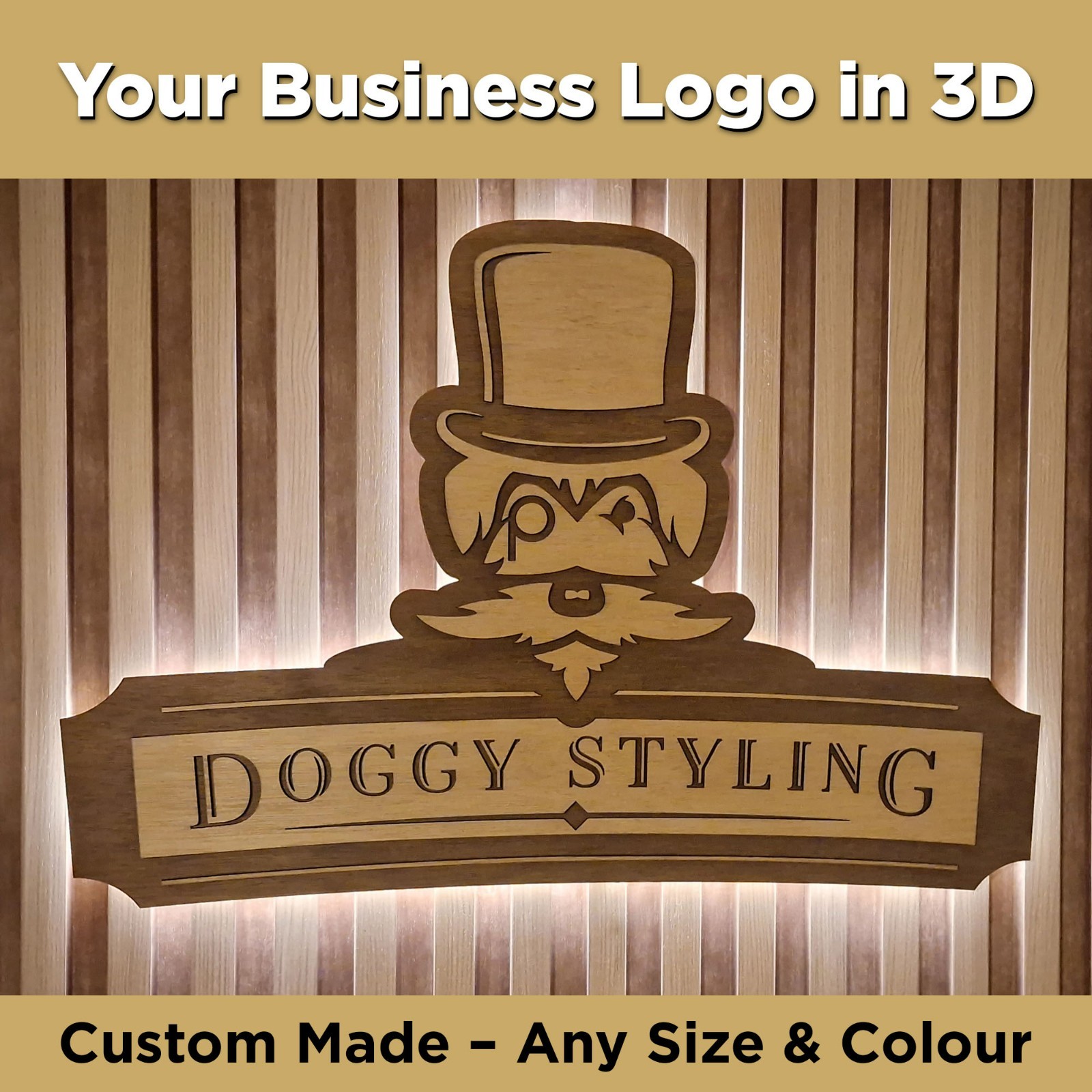 Dimensional Wooden Logo Wall Sign — Layered 3D, Hand Painted, LED Optional