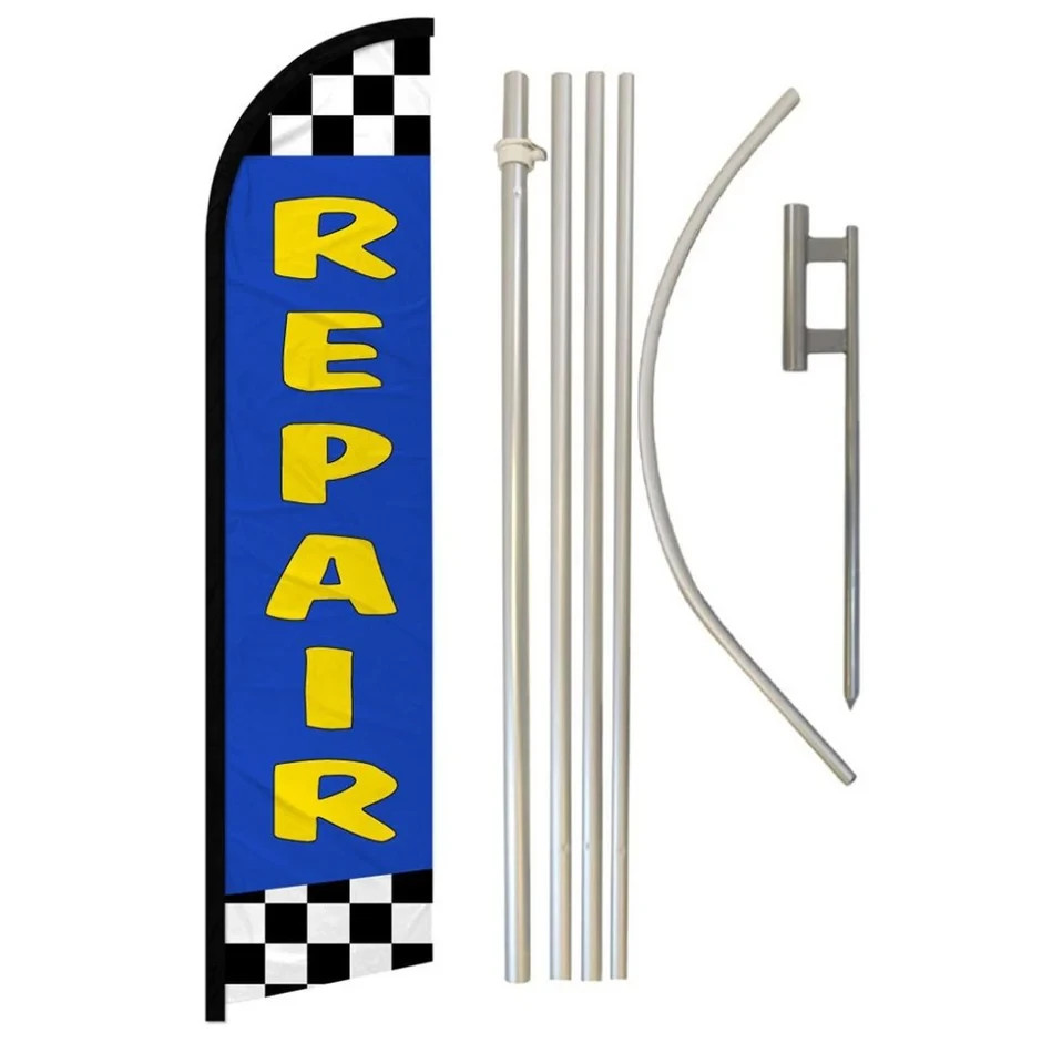 Repair (Blue) Windless Full Curve Advertising Auto Repair Banner Flag & Pole Kit