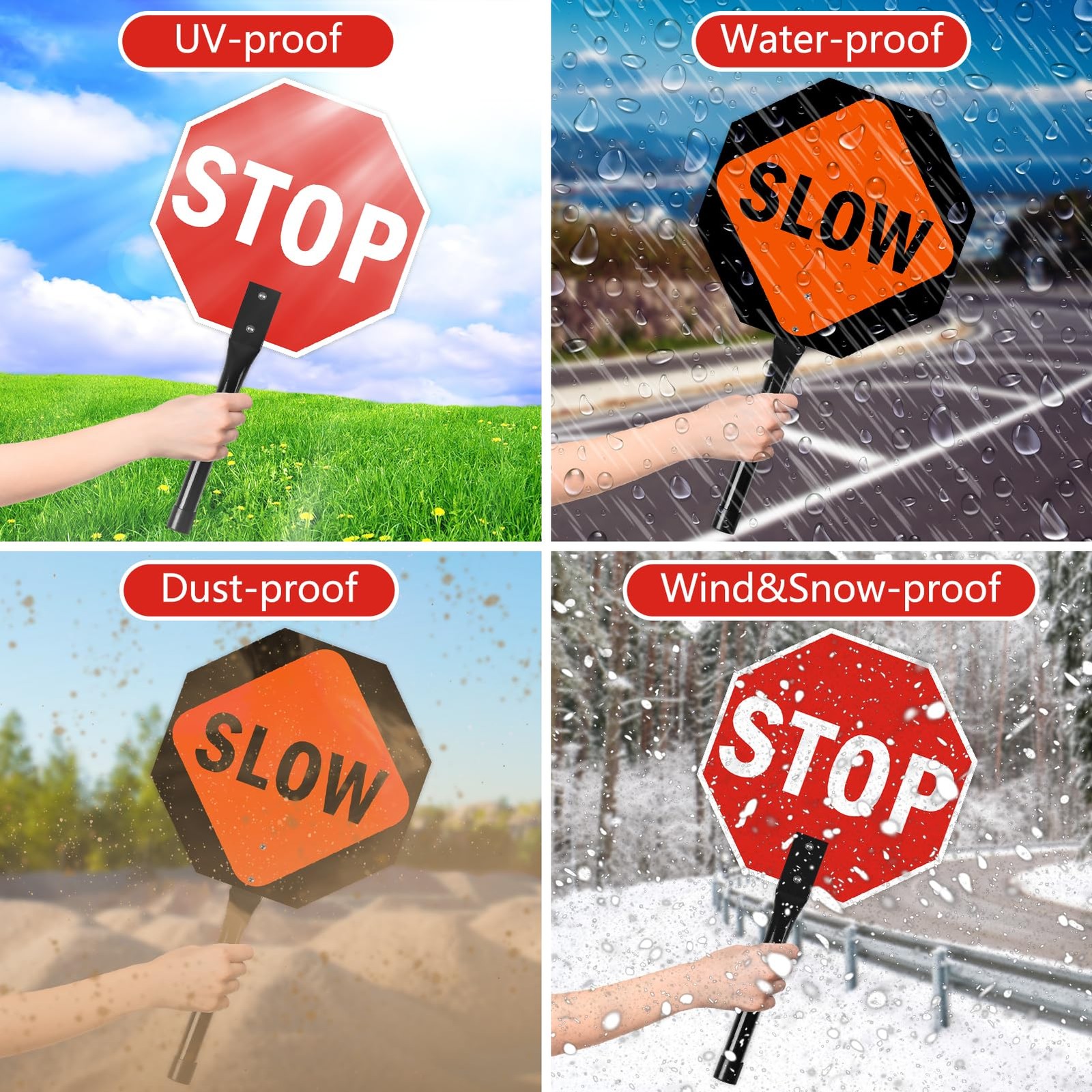 2 PCS 12×12 Inch Stop Slow Sign Metal Handle Double Sided Reflective Traffic