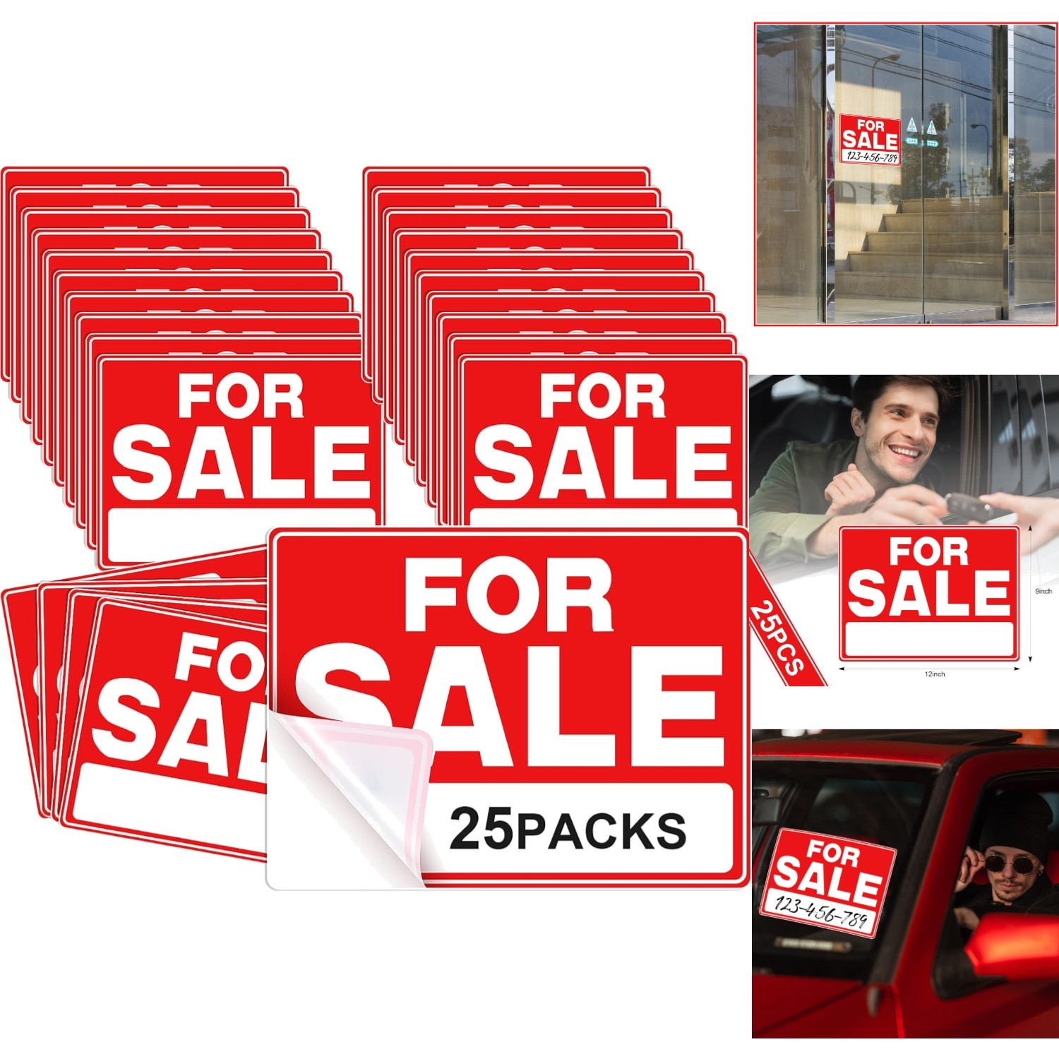 25 For Sale Signs for Car Vehicle House Window Adhesive Waterproof 9×12 Inches