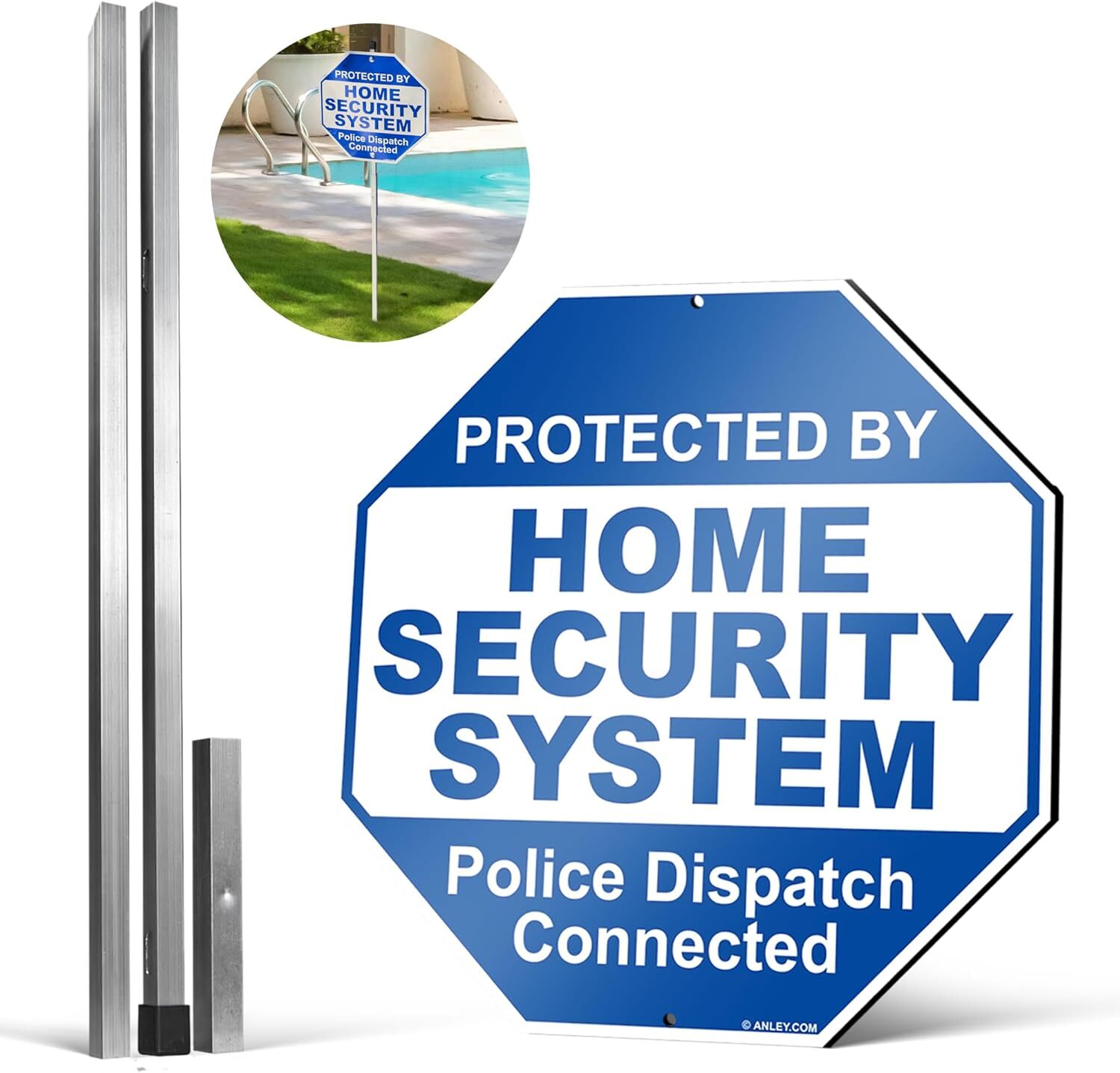 Anley Aluminum Protected By Home Security System Yard Sign 10×10 & Ground Stake