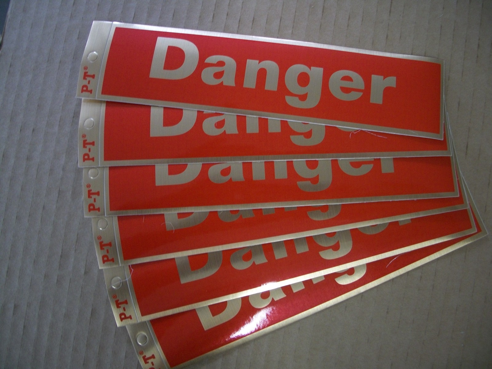 6 Danger Stickers 2 X 8 Adhesive NEW Mylar sign Red and Gold