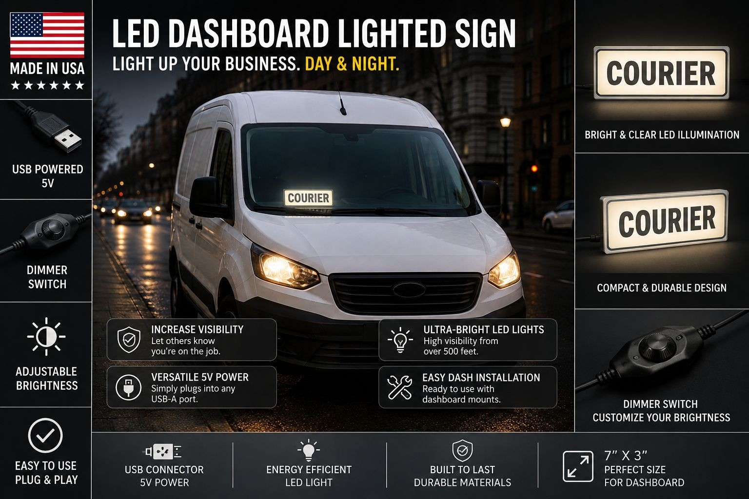 LED Courier Sign for Van & Car Dashboard – 5V USB Powered Lighted Delivery Sign,