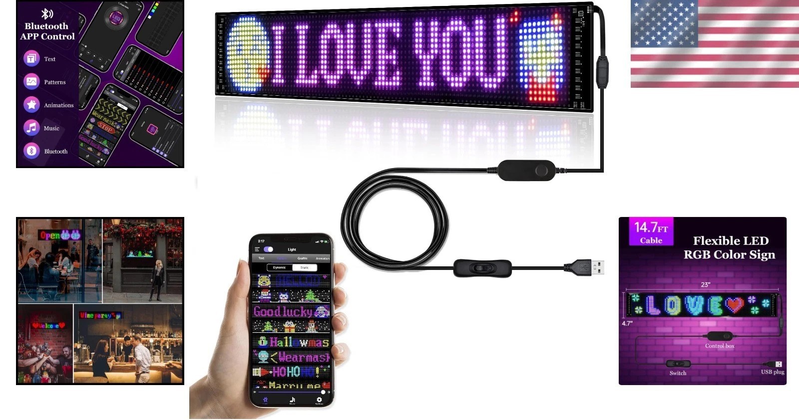 Portable RGB LED Sign – 23”x5” Flexible Display for Events and Advertisements