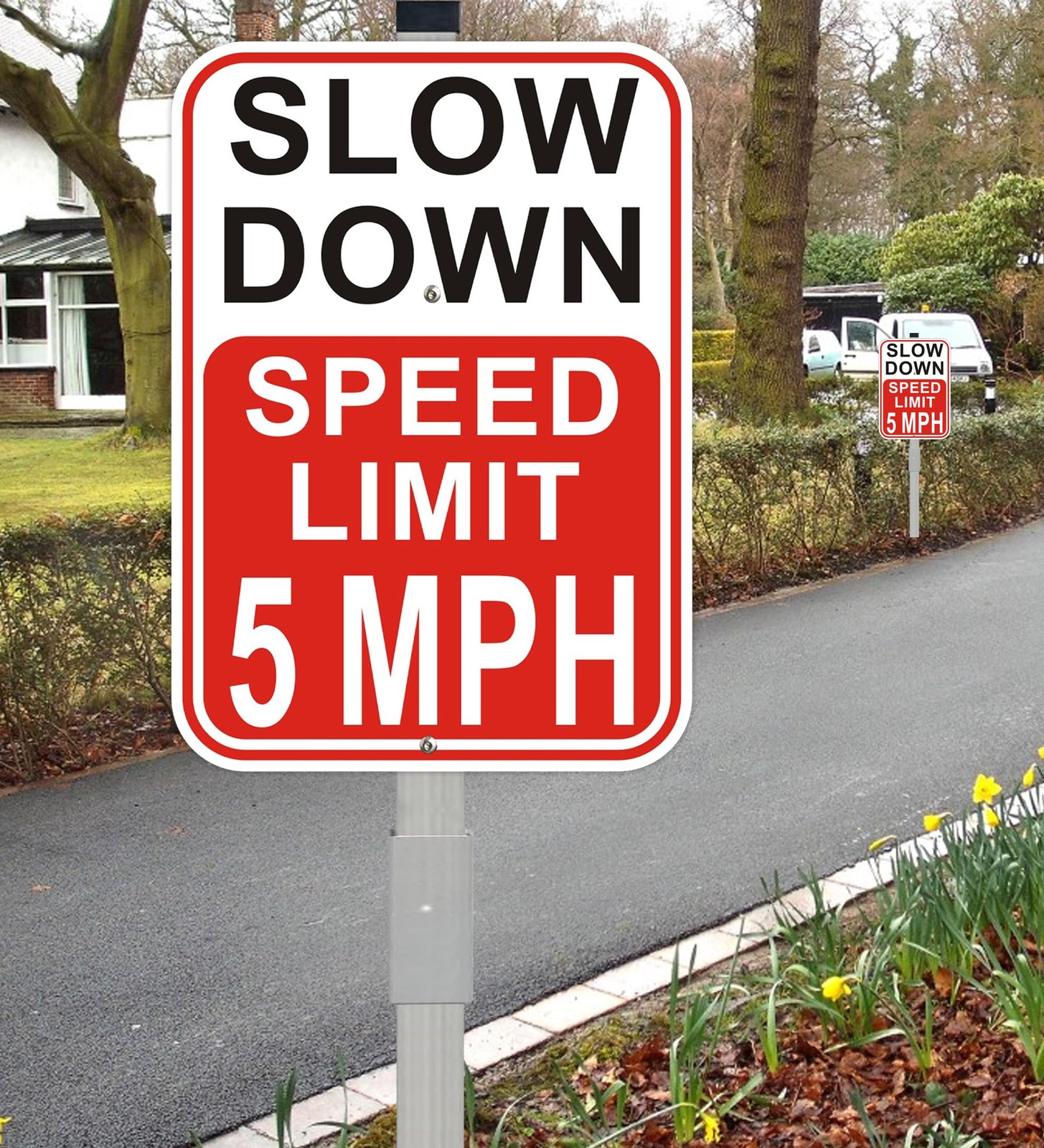 2 PCS 14×10 Inch Speed Limit 5 MPH Slow Down Sign With 36 Inch Stakes Alum