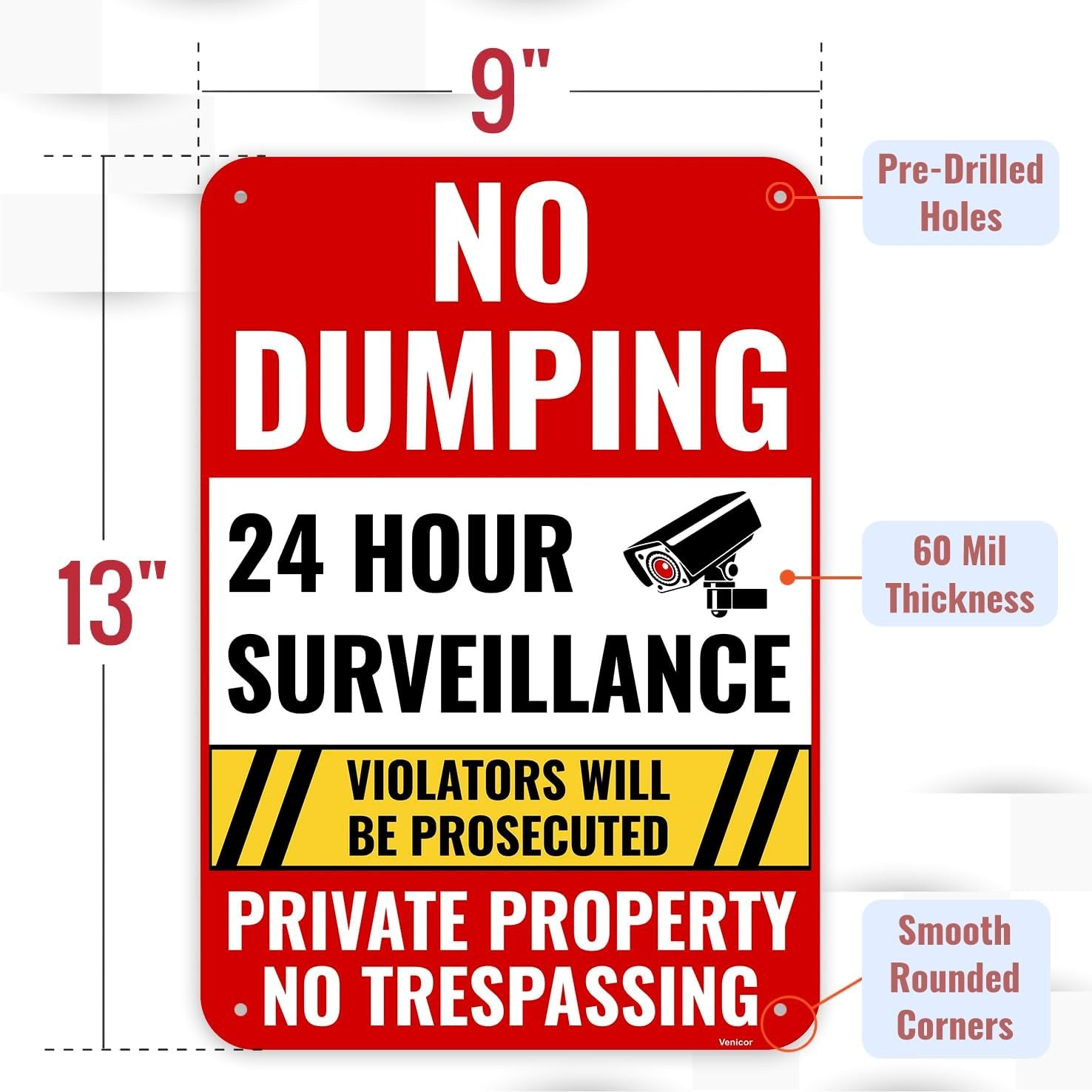 1PC No Dumping Sign Private Property Sign, 13 x 9 Inches – White, Red, Black