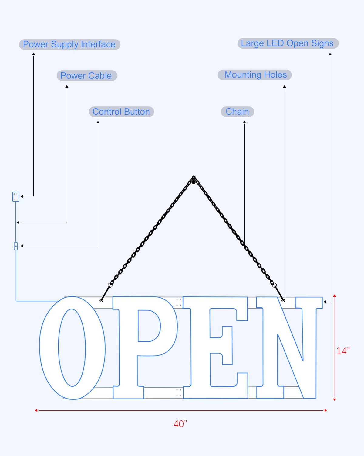 40×14 Extra Large LED Open Sign for Business Bar Retail Shop Light Super Bright