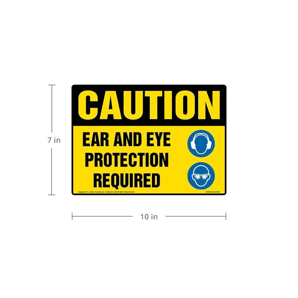 Caution Ear Eye Protection Required Sign 10×7 Inch Self Adhesive Vinyl OSHA