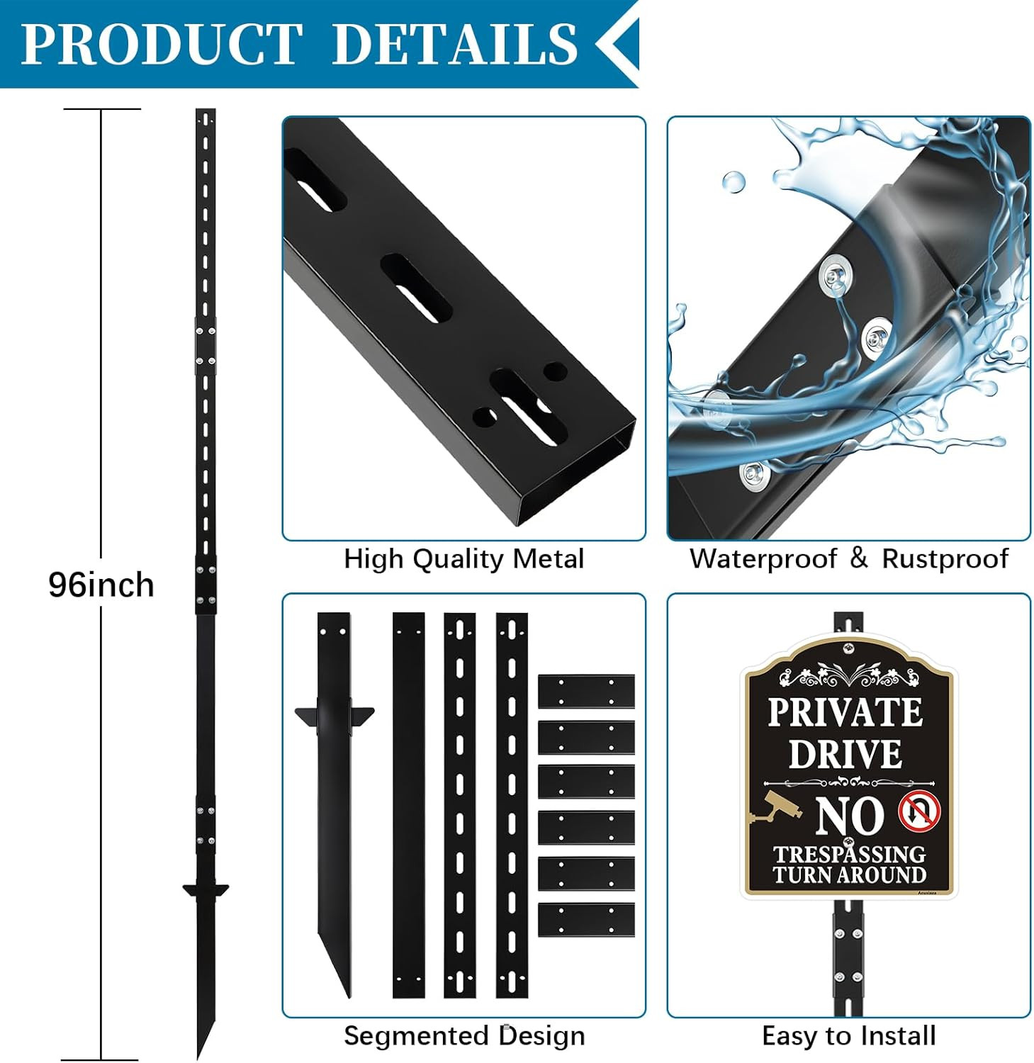 8FT Heavy Duty Yard Sign Stakes, Black Powder Coated Steel Sign Posts for Outsid
