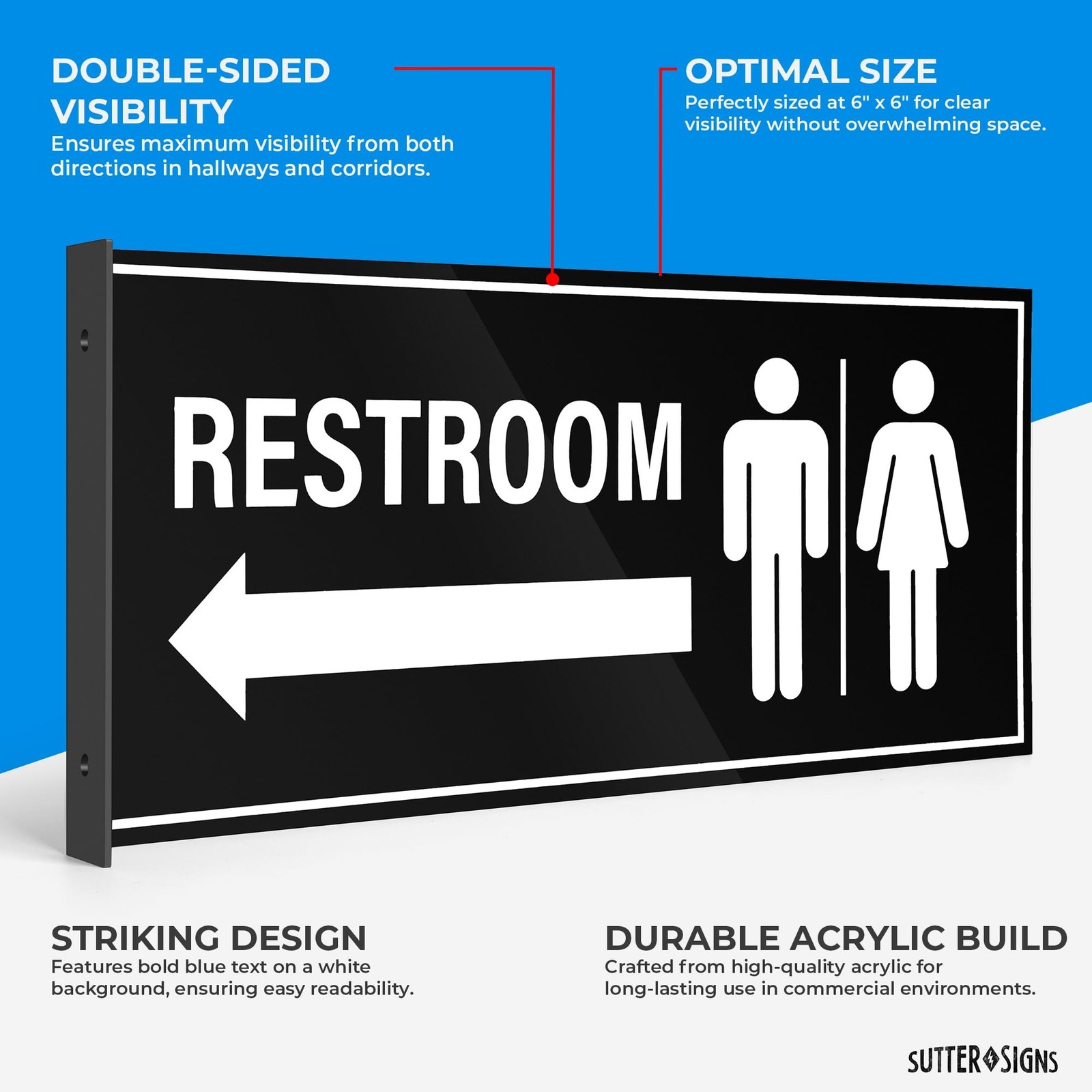 2pk Restroom Sign with Arrow | Wall Mounted Projecting Double Sided Unisex Re…