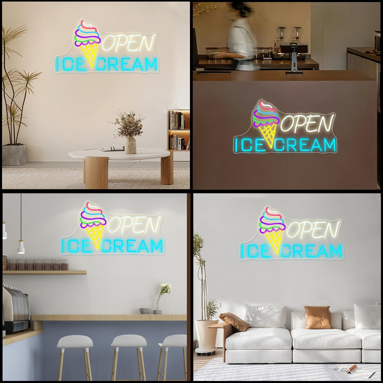 Ice Cream Sign 22.4×11” Ice Cream Open Shop Neon Signs USB Powered Bar Sign Lig