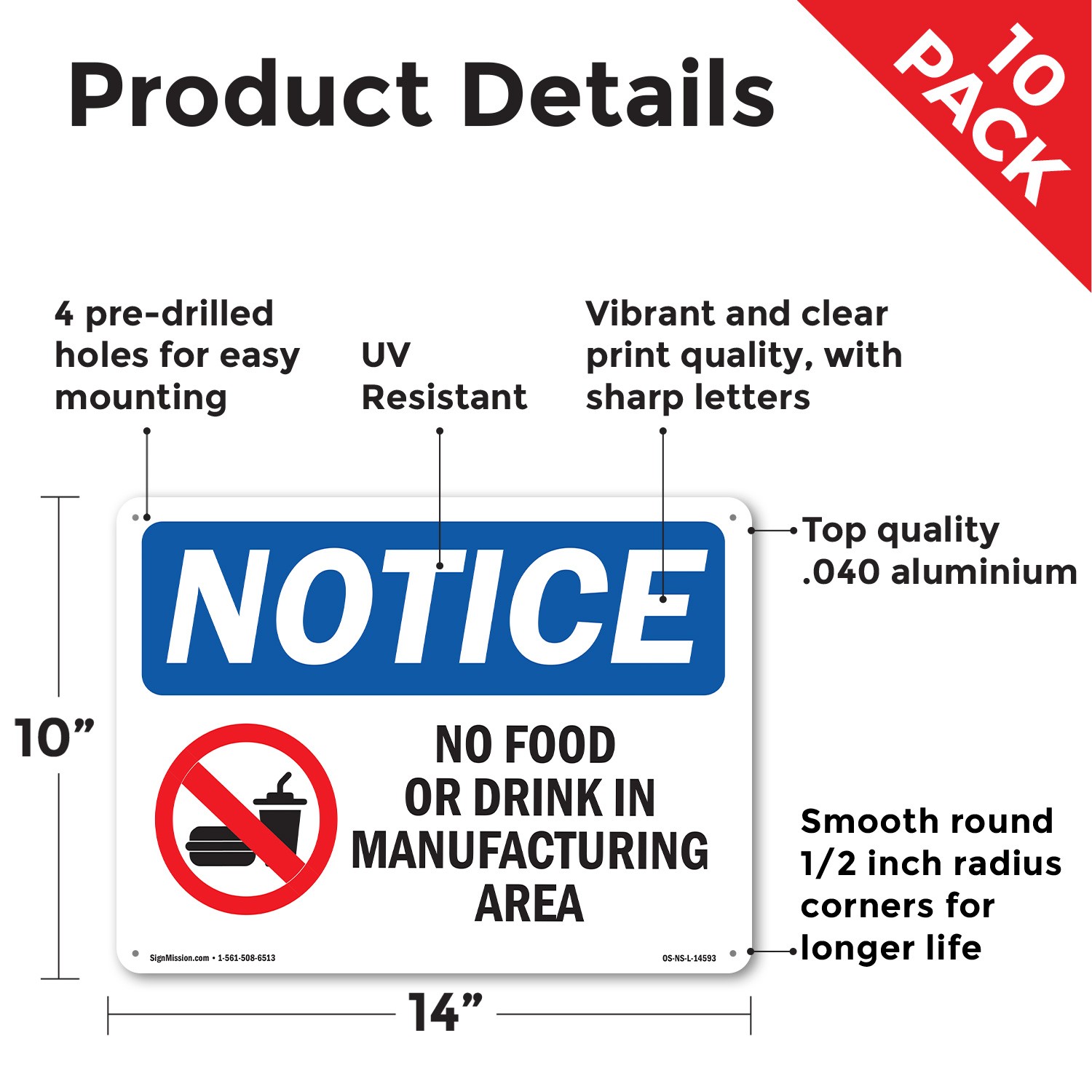 No Food Or Drink In Manufacturing Area OSHA Notice Sign Or Decal – 5 or 10 Pack