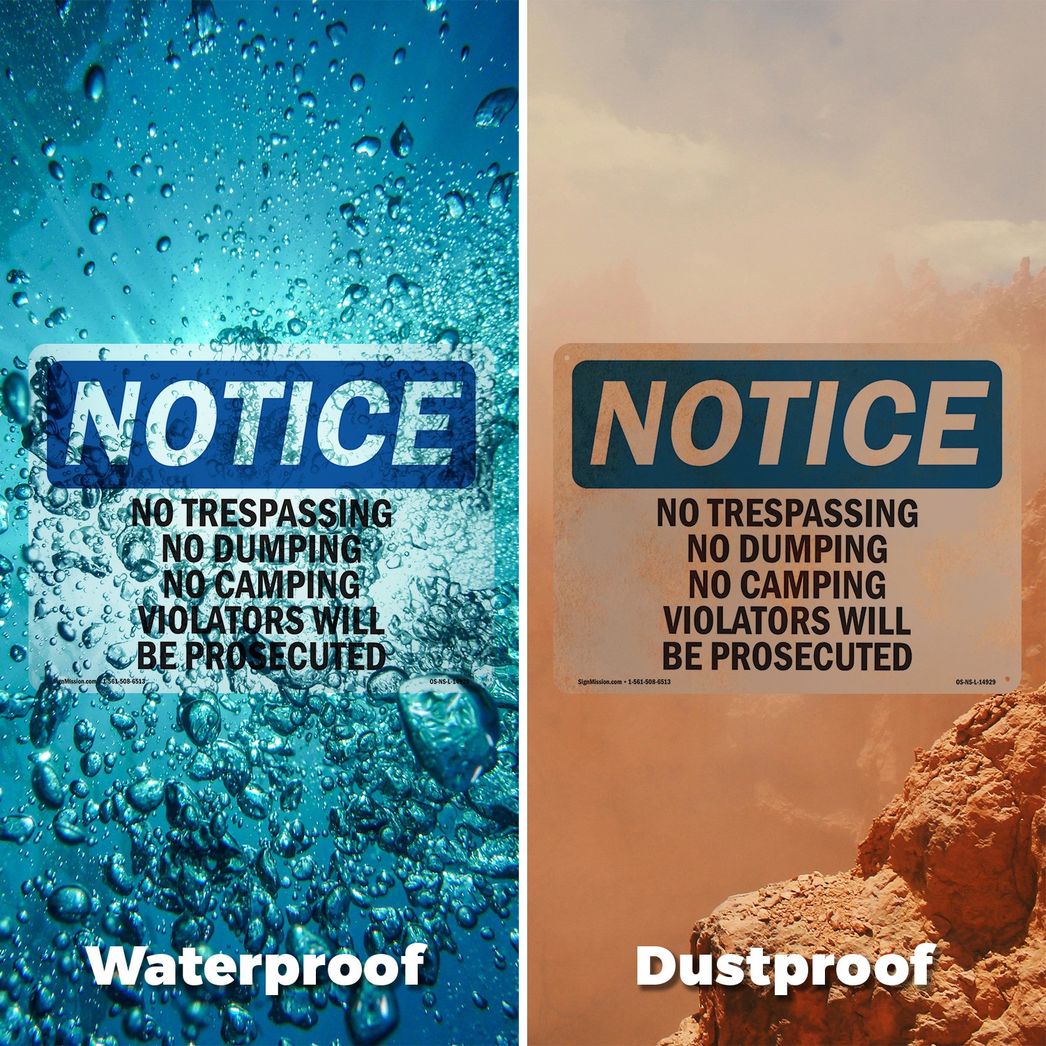 No Trespassing No Dumping No Camping Violators OSHA Notice Sign – 5 or 10 Pack