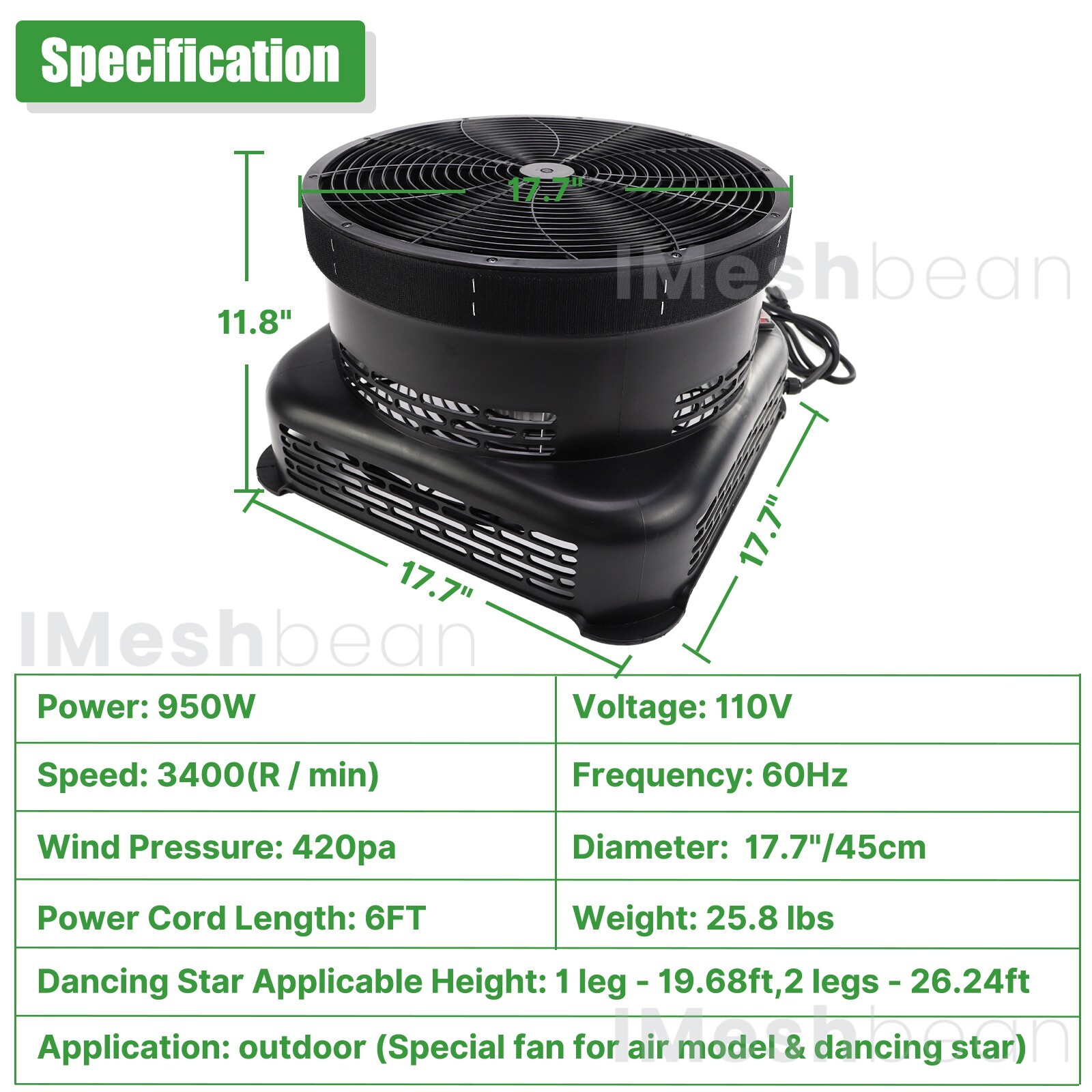 18″ 950W Air Blower Fan Fit Inflatable Wind Dancer Tube Man Fly Guy 420 pa Press