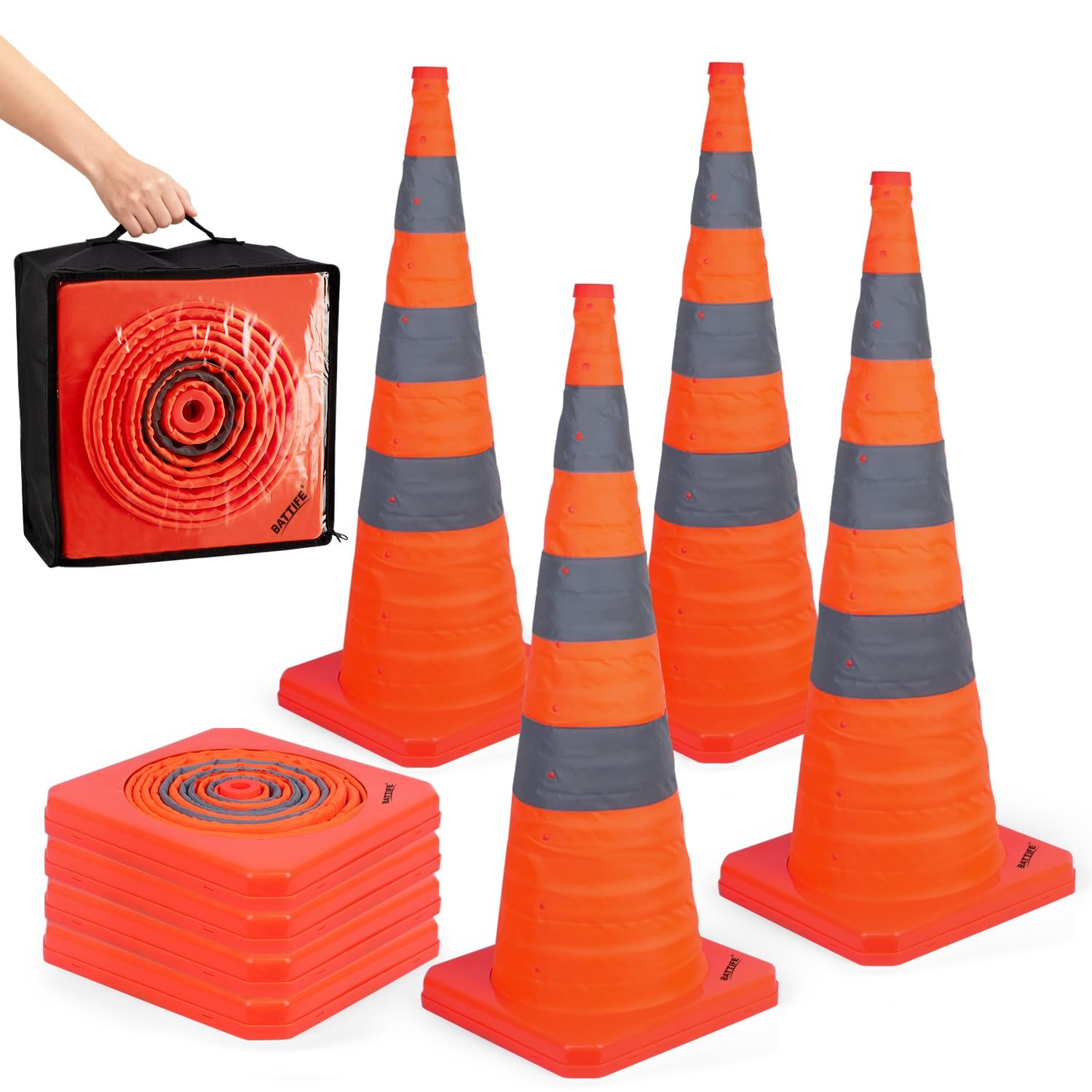 BATTIFE [4 Pack] 36 Inch Collapsible Traffic Safety Cones, 36inch, Orange