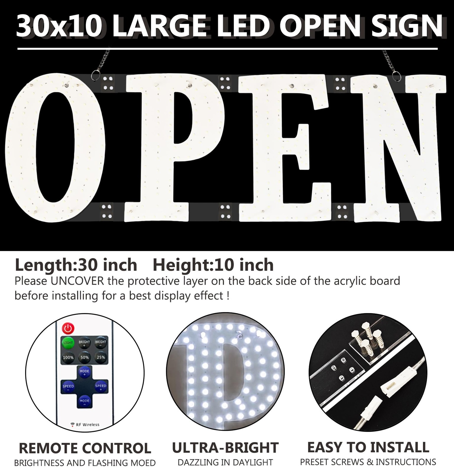Ultra Bright LED Open Sign 30×10 with Remote for Cafe, Salon, Retail Store