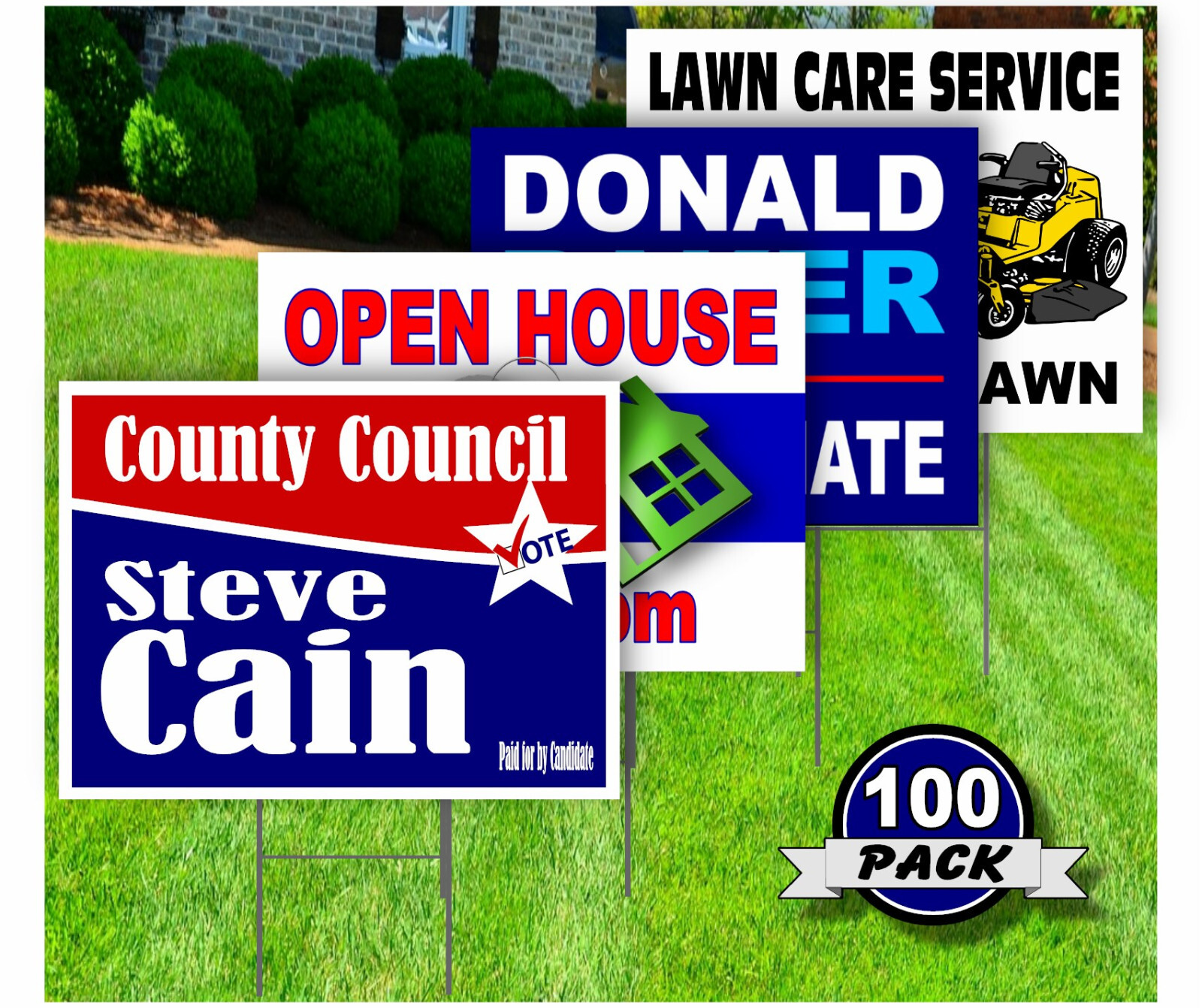 100 Pack- Custom Yard Signs-18×24-Full Color Design-Double Sided-Stakes Optional