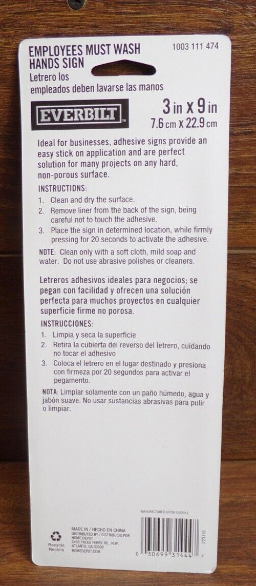 3 In. X 9 In. Plastic Employee Must Wash Hand Sign 4 SIGNS IN PACK