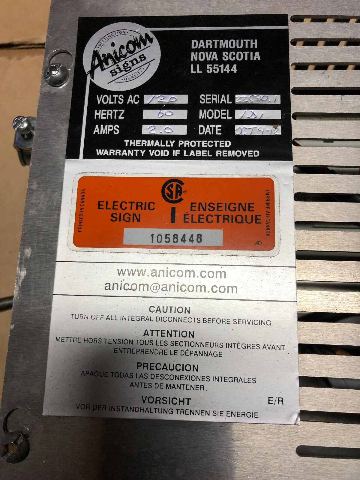 Sign control Anicom Signs 120 Volts AC 60 Hz 2.0 Amps Model 1D1 Enclosure Box