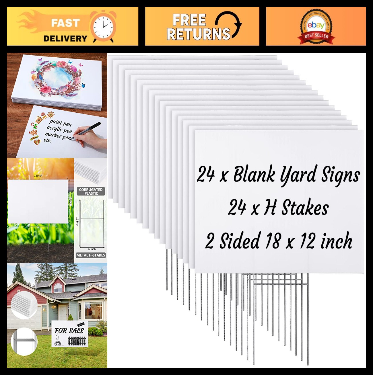 24 Sets Blank Yard Signs with Stakes – 12×18 Inch Waterproof Double-Sided Lawn S