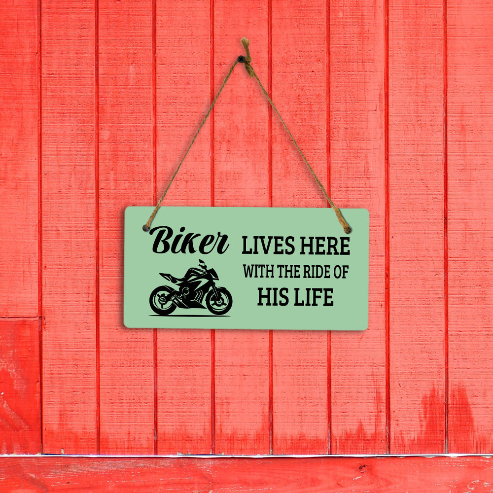 Biker Lives Here With The Ride Of His Life 5″ x 10″ Hanging Wall or Door Sign