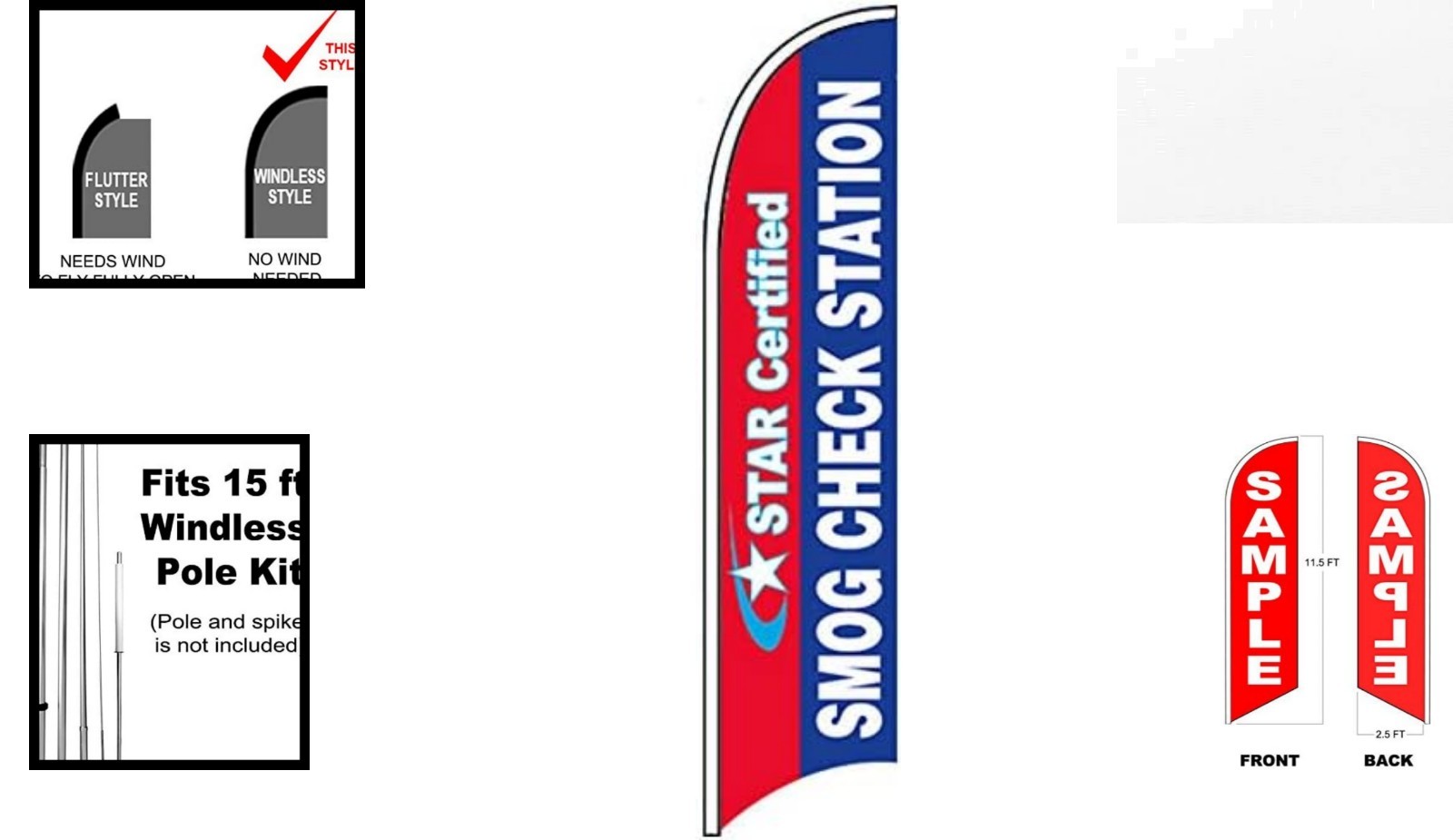 Star Certified SMOG Check Windless Feather Flag 2.5×11.5 Ft for Outdoor Use