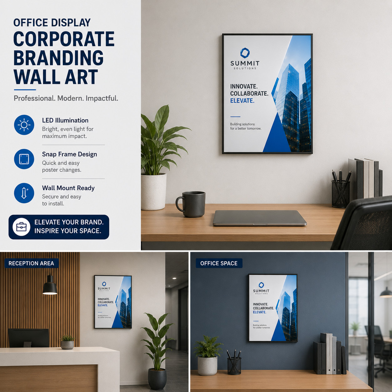 LED Snap Frame Office Display, Corporate Branding Wall Art, Black or Silver