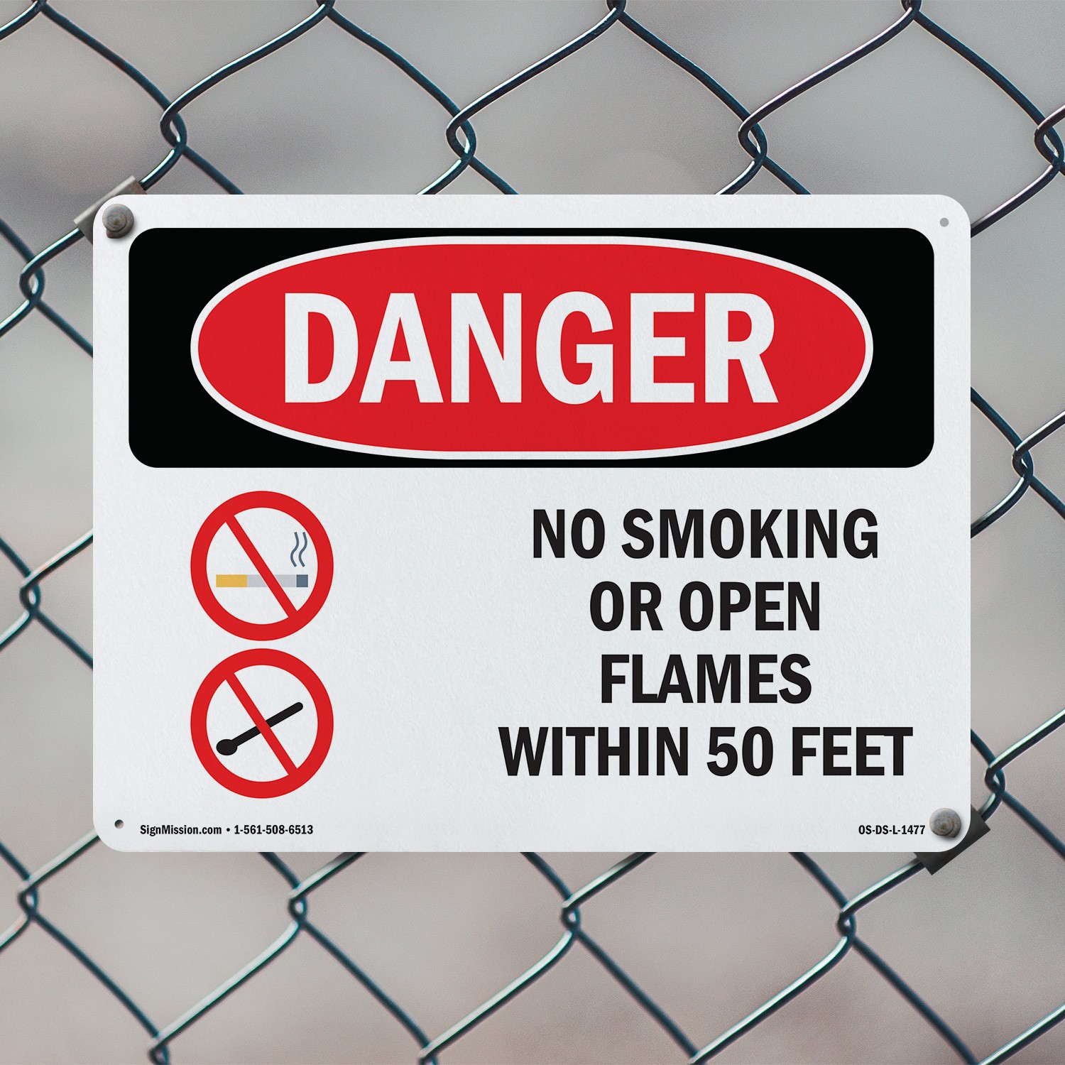 No Smoking Or Open Flames Within 50 Feet OSHA Danger Sign, Decal 5 or 10 Pack