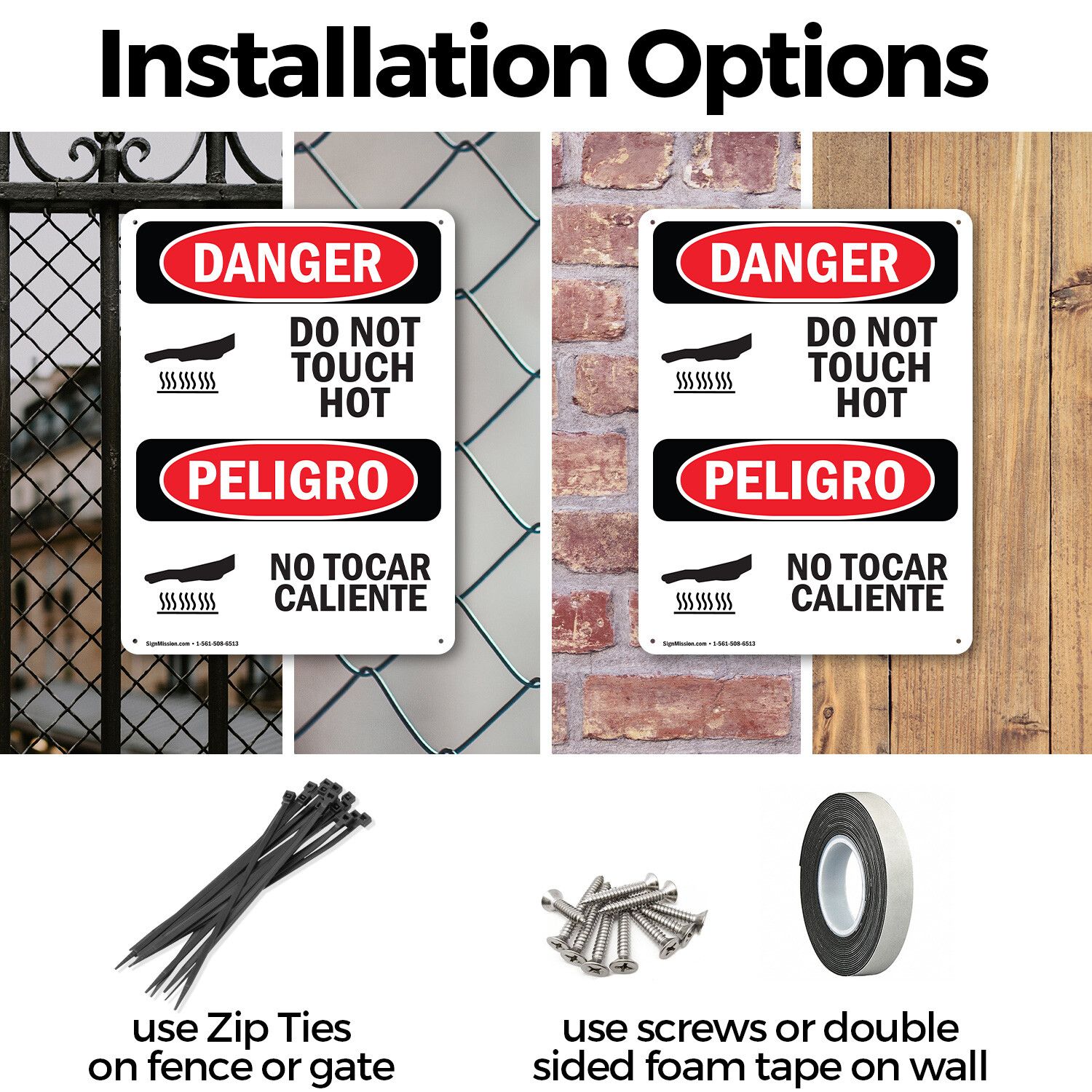 (2 Pack) Do Not Touch Hot Bilingual OSHA Danger Sign Decal Metal Plastic