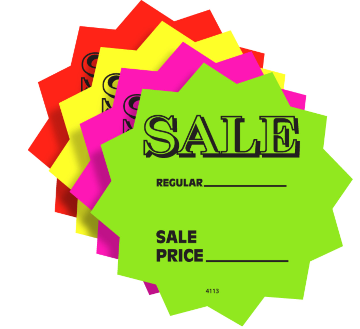 100 3″ SALE Price Solar Star Burst Neon Fluorescent Retail Signs 25 Each Color
