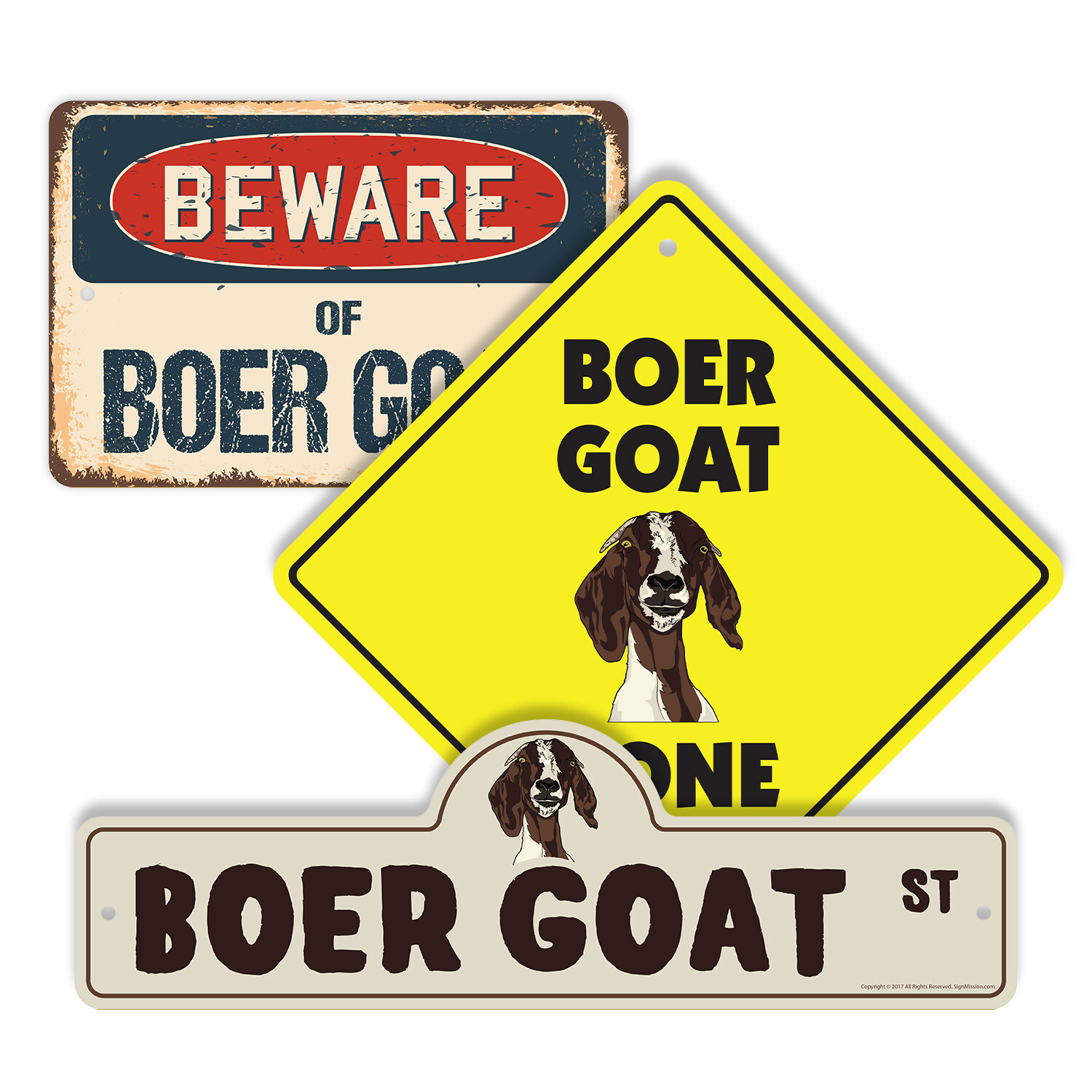 Boer Goat (3 Pack) Plastic Street Sign Crossing Warning Vintage Rustic Beware