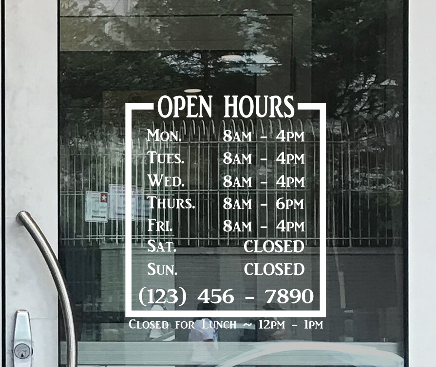 Business Store Open Closed Hours Phone Decal Vinyl Sticker Window Door Sign