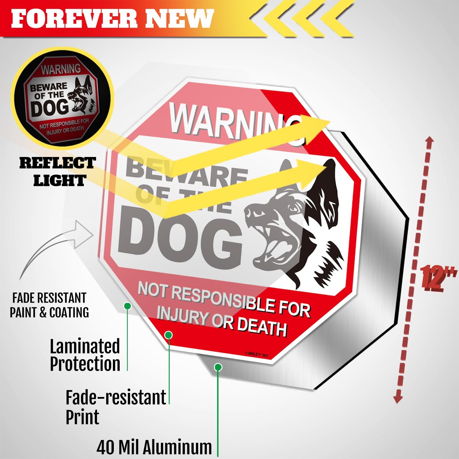 Anley Beware of The Dog Aluminum Warning Sign – Warning Dog Sign 12″x12″