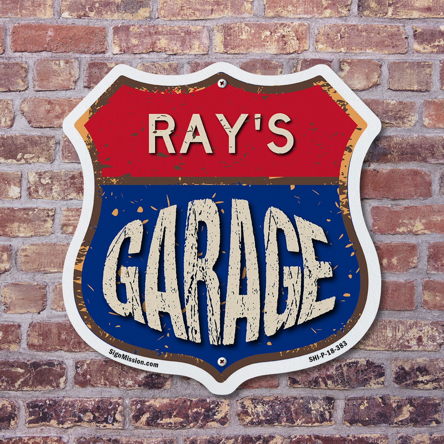 Ray’s Garage Shield Shaped Sign Weather Resistant Crafted in the USA