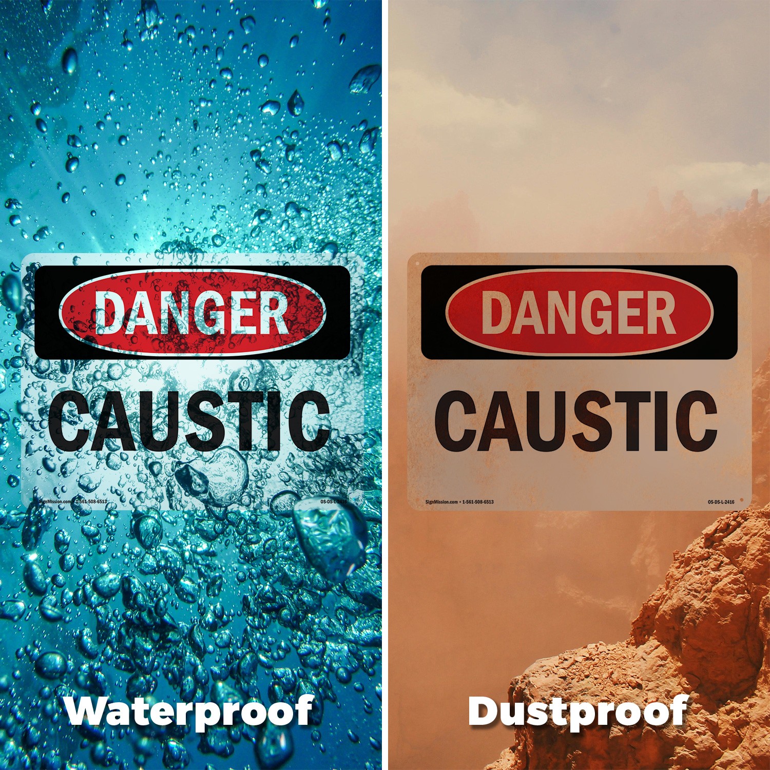 Caustic OSHA Danger Sign Metal, Plastic, Or Decal – 5 or 10 Pack