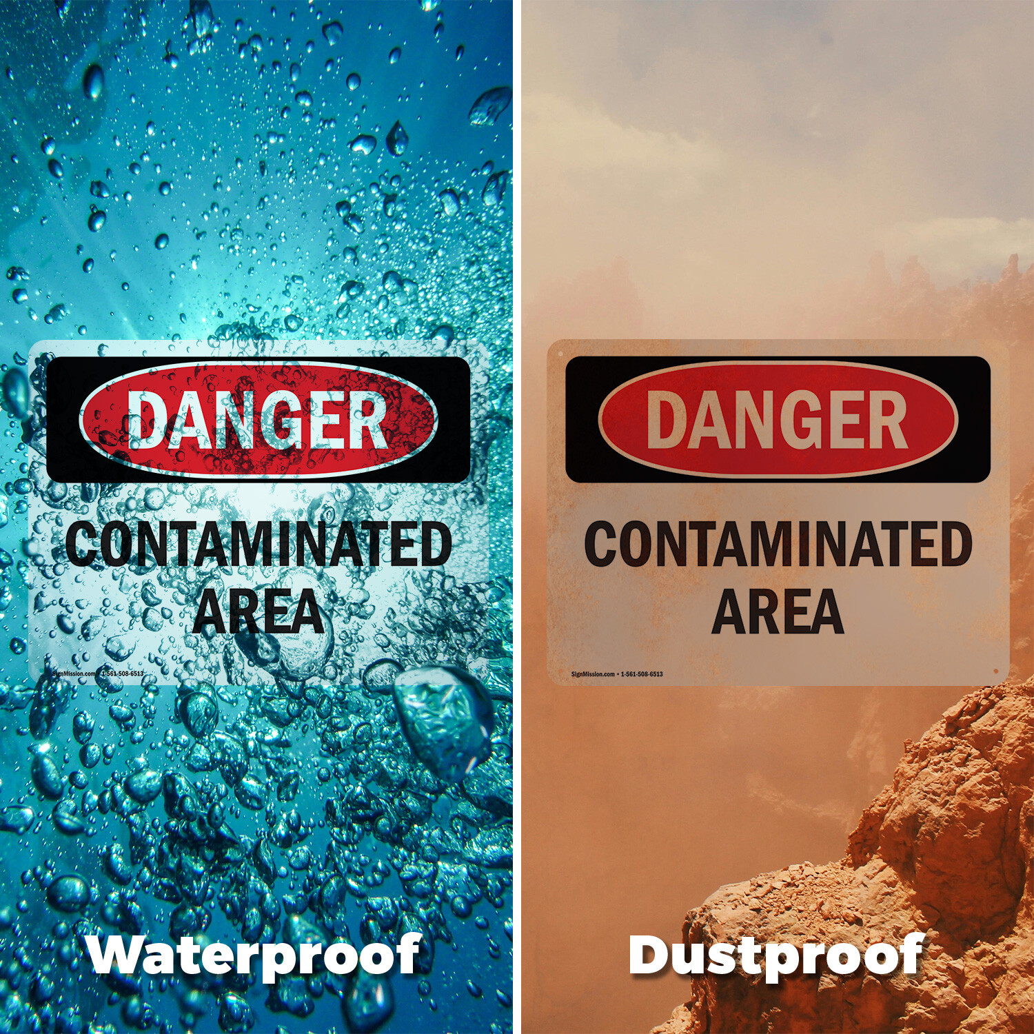(2 Pack) Contaminated Area OSHA Danger Sign Decal Metal Plastic