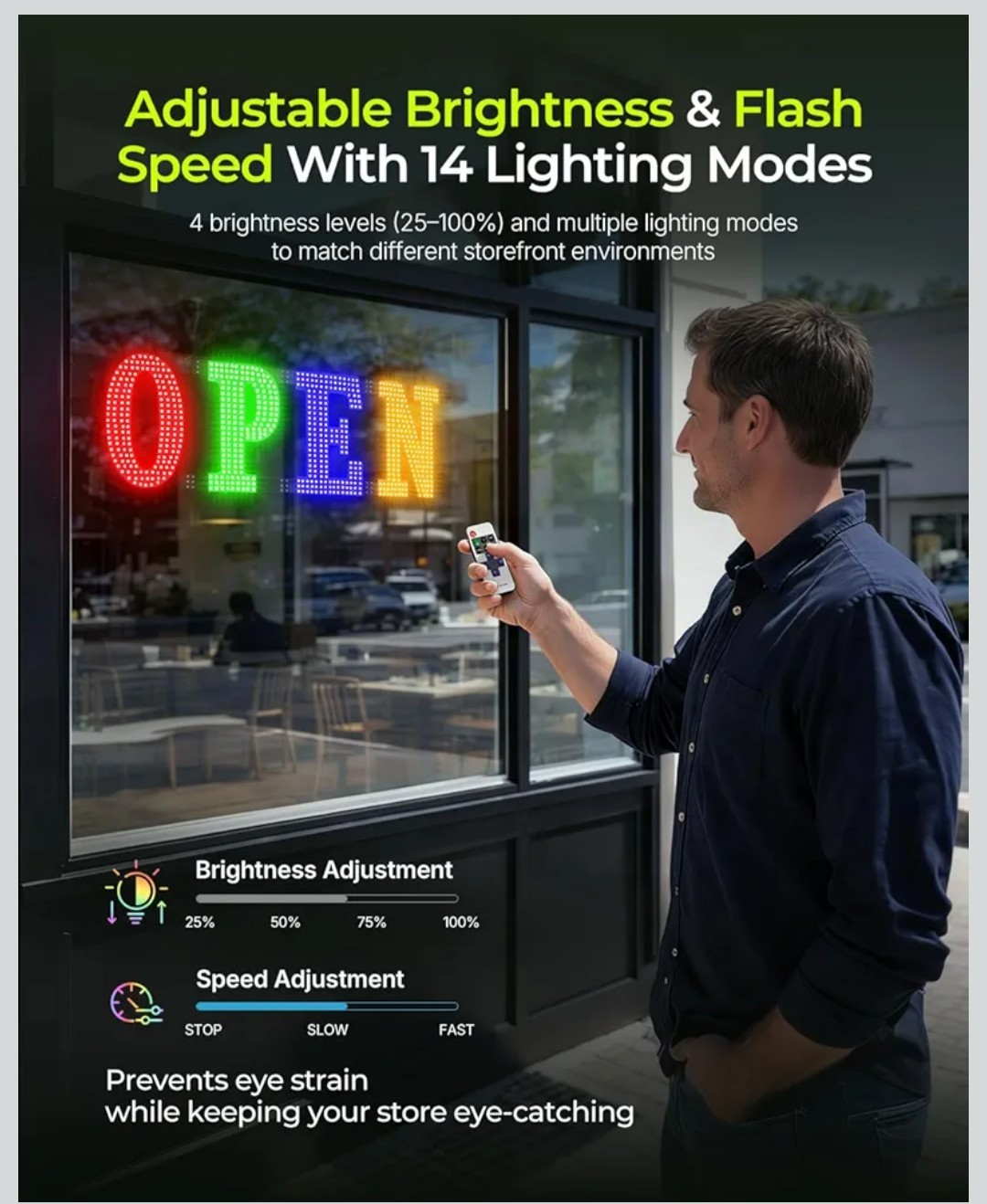Multi-Color OPEN Sign, 40″ x 14″, Adjustable Brightness & Flash Speed, Remote