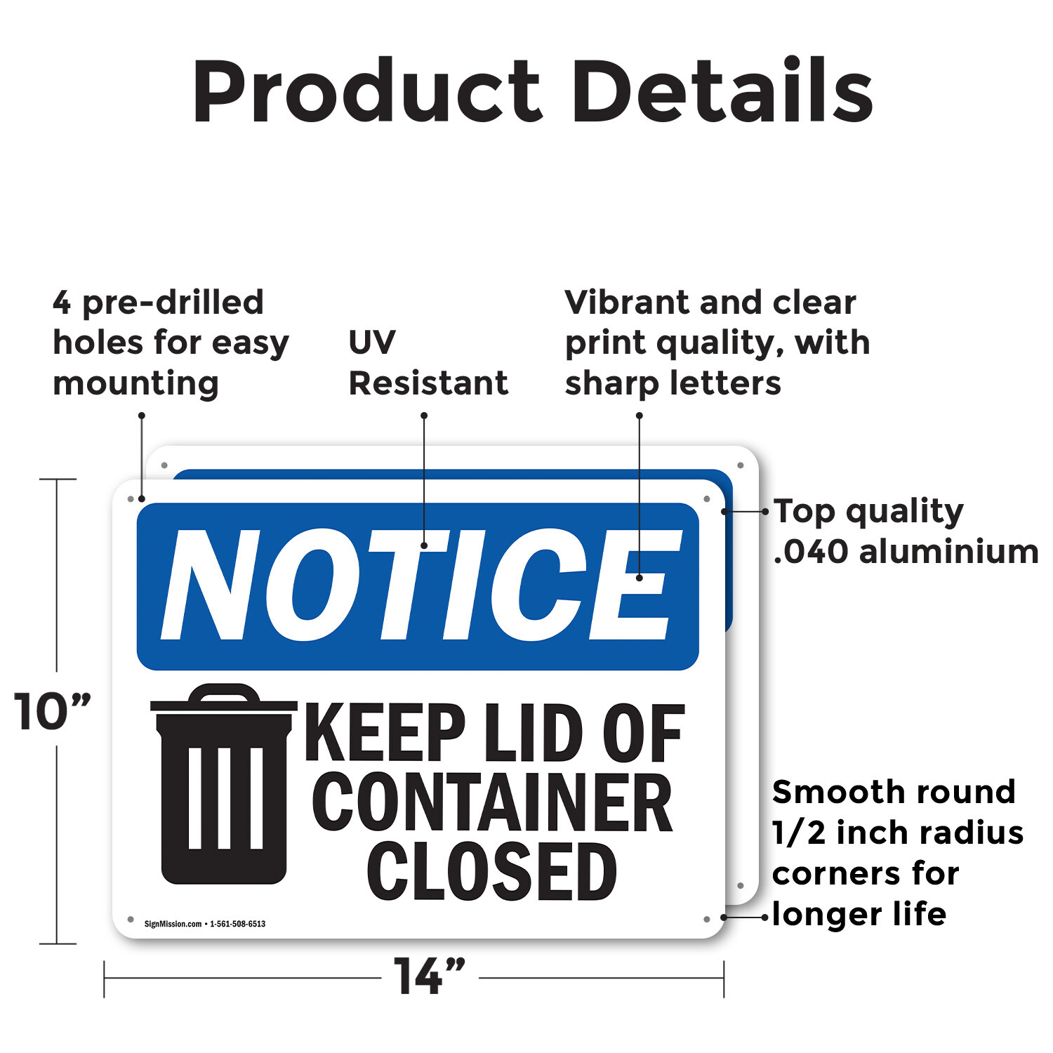 (2 Pack) Keep Lid Of Container Closed OSHA Notice Sign Decal Metal Plastic