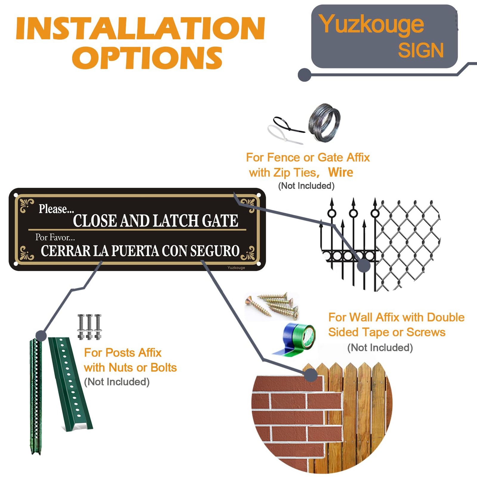 2 Pack 10×3 In Bilingual English Spanish Close Latch Gate Aluminum Metal Sign