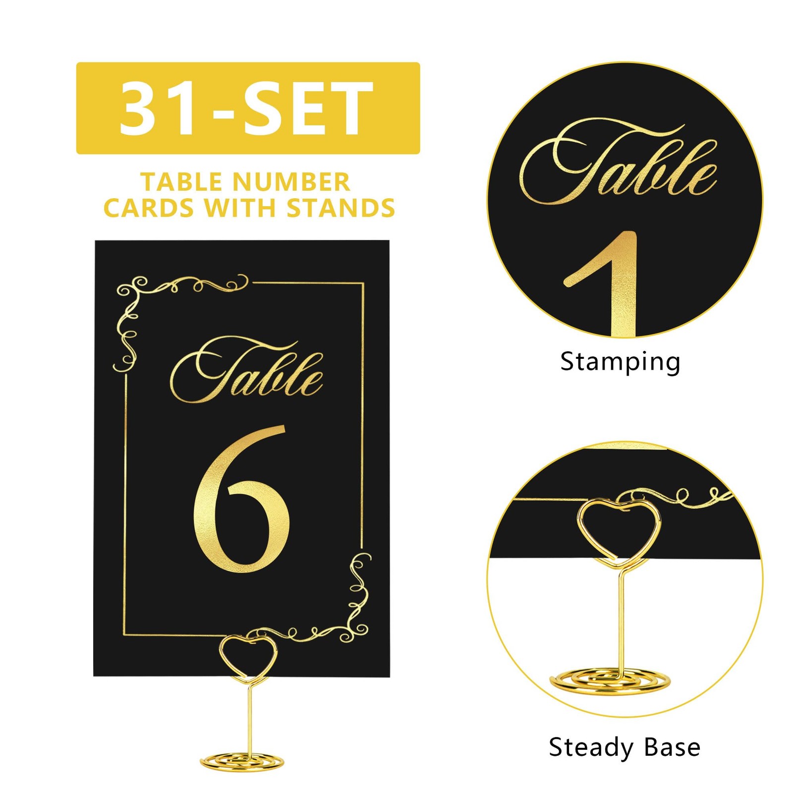 31 Sets Wedding Table Number Holders, Black Gold, Metal, Rectangular Pedestal…