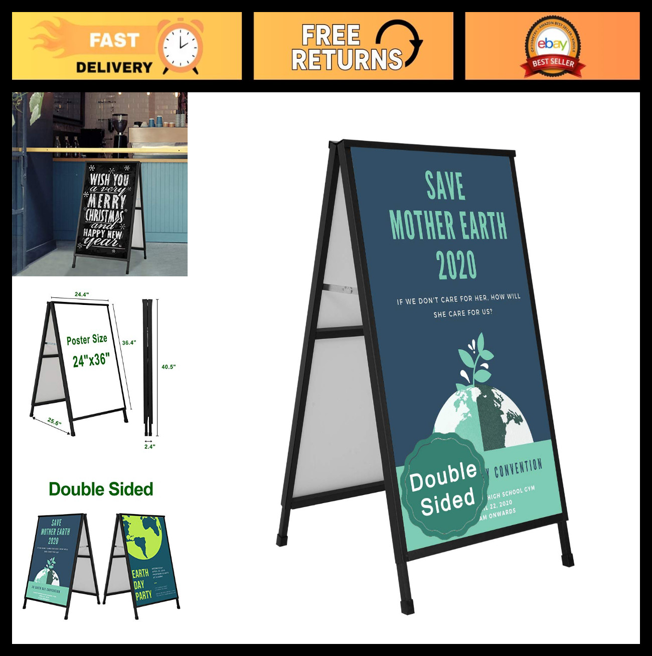 Heavy Duty A-Frame Sidewalk Sign 24×36, Portable Double-Sided Sandwich Board, Me