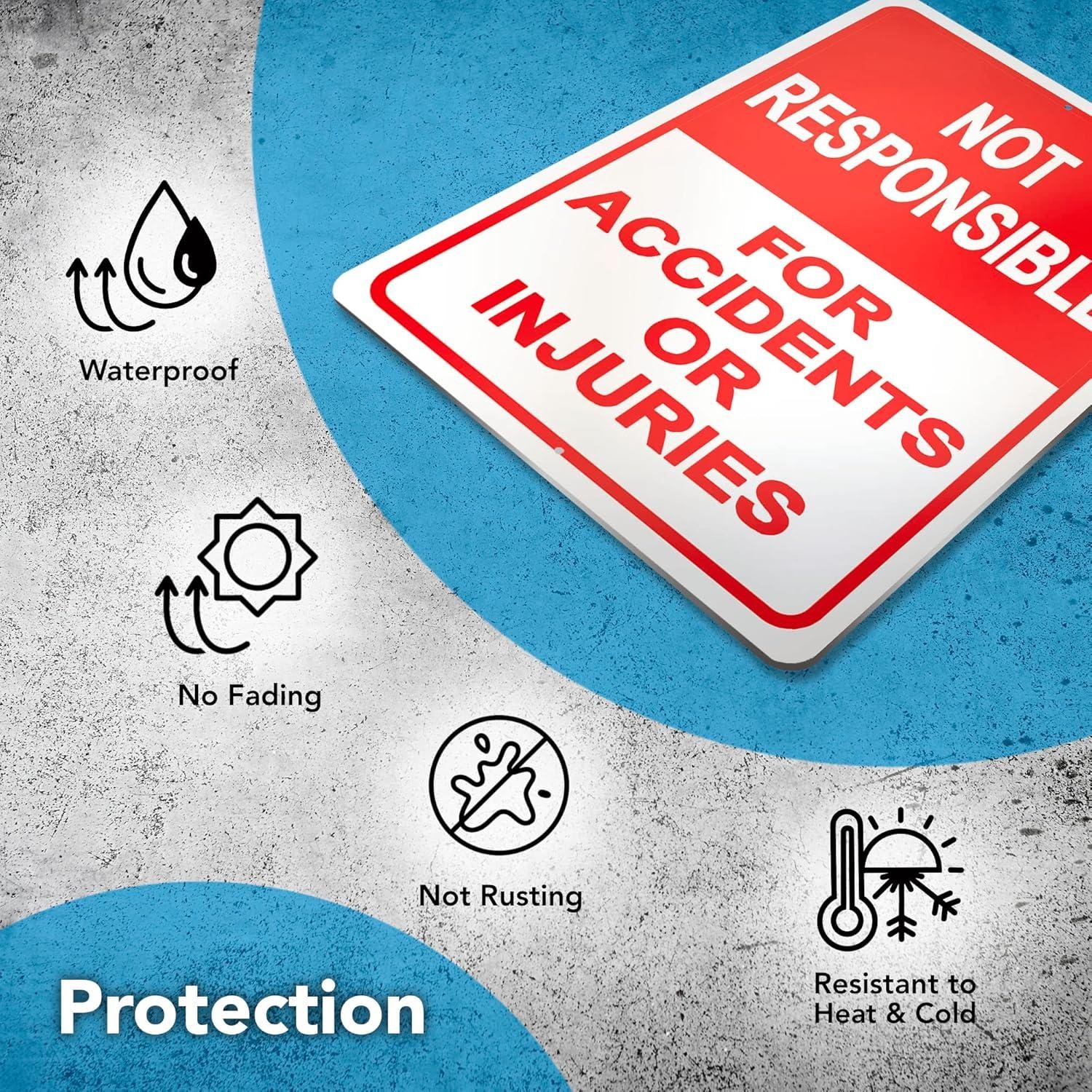 2-pack Property Warning Sign: Not Responsible for Accidents or Injuries, 10″ X 7
